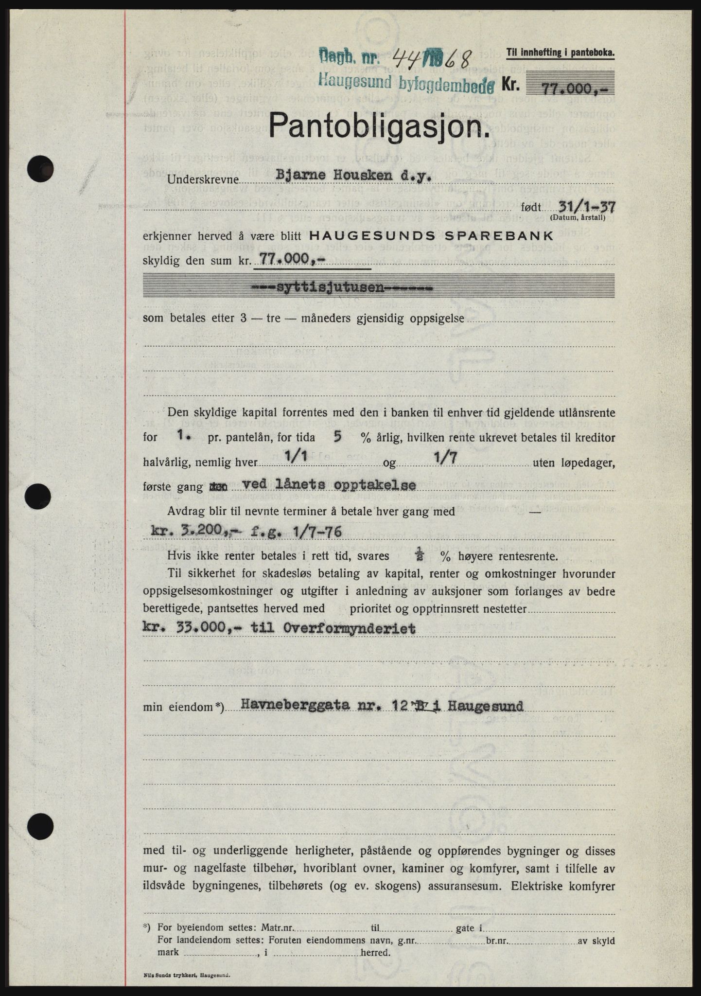 Haugesund tingrett, SAST/A-101415/01/II/IIC/L0058: Mortgage book no. B 58, 1967-1968, Diary no: : 44/1968
