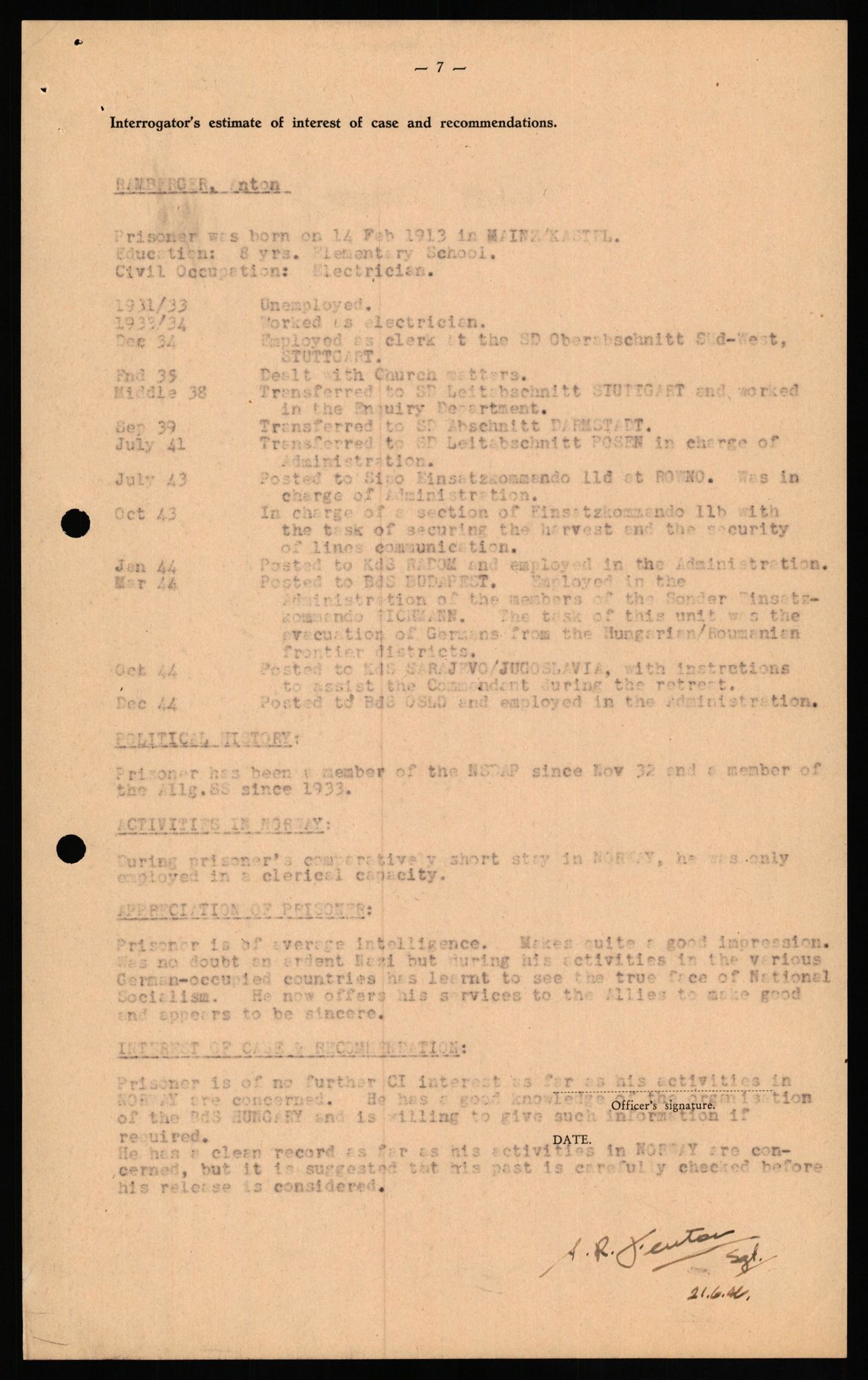 Forsvaret, Forsvarets overkommando II, AV/RA-RAFA-3915/D/Db/L0026: CI Questionaires. Tyske okkupasjonsstyrker i Norge. Tyskere., 1945-1946, p. 523