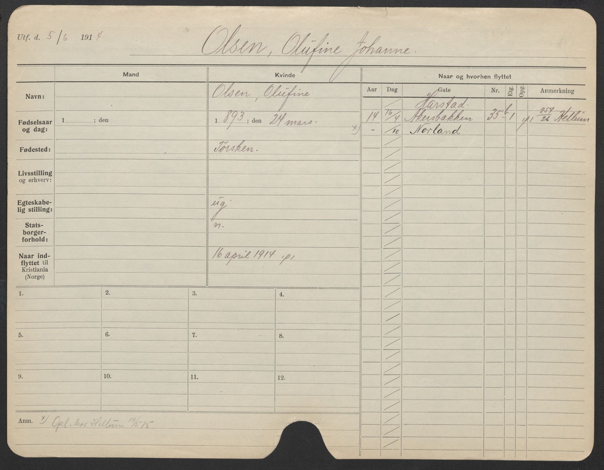 Oslo folkeregister, Registerkort, AV/SAO-A-11715/F/Fa/Fac/L0022: Kvinner, 1906-1914, p. 279a