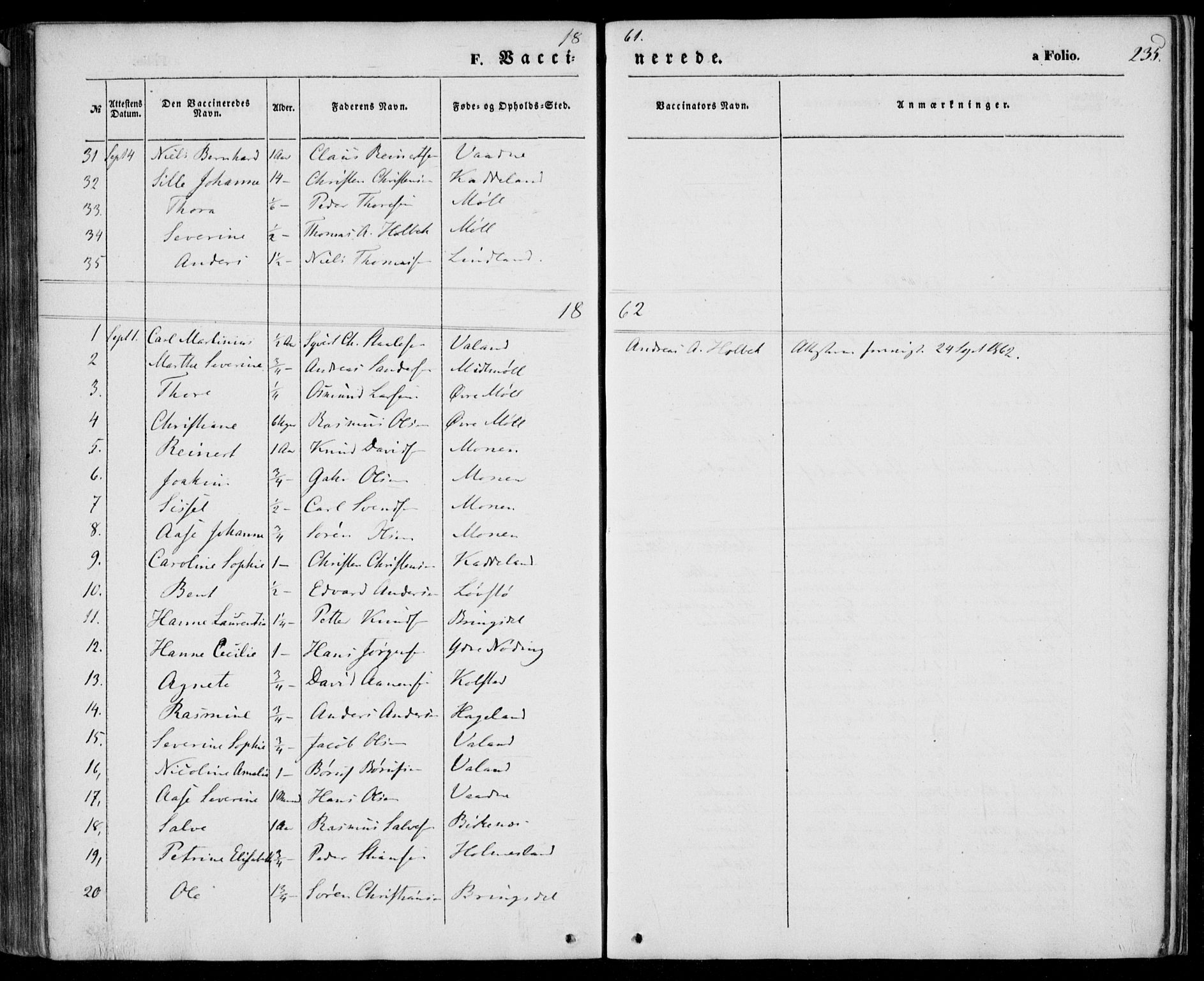 Holum sokneprestkontor, AV/SAK-1111-0022/F/Fa/Faa/L0005: Parish register (official) no. A 5, 1850-1864, p. 235