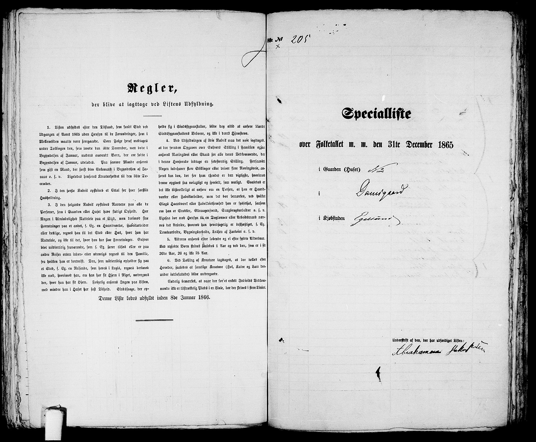 RA, 1865 census for Eigersund parish, Egersund town, 1865, p. 423