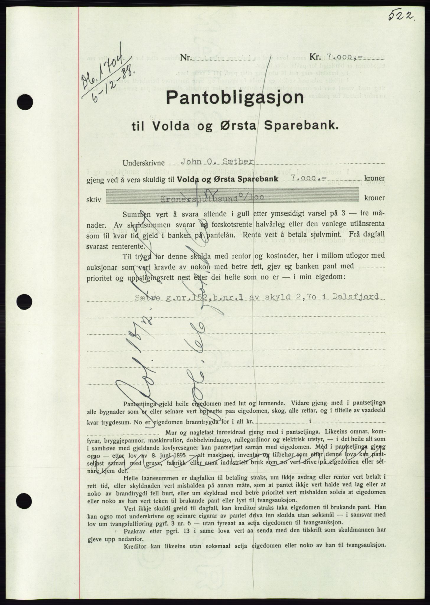 Søre Sunnmøre sorenskriveri, AV/SAT-A-4122/1/2/2C/L0066: Mortgage book no. 60, 1938-1938, Diary no: : 1704/1938