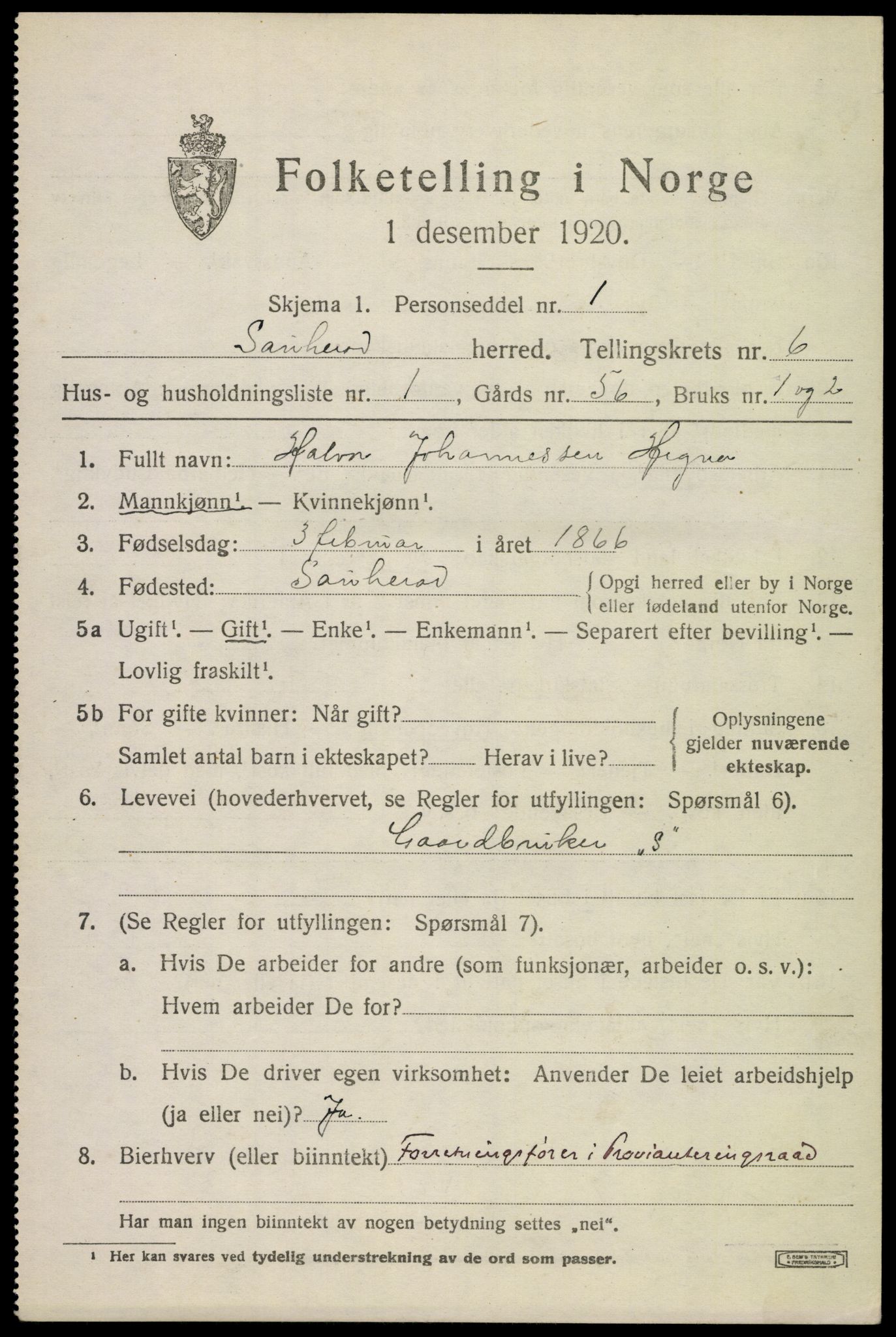 SAKO, 1920 census for Sauherad, 1920, p. 5067