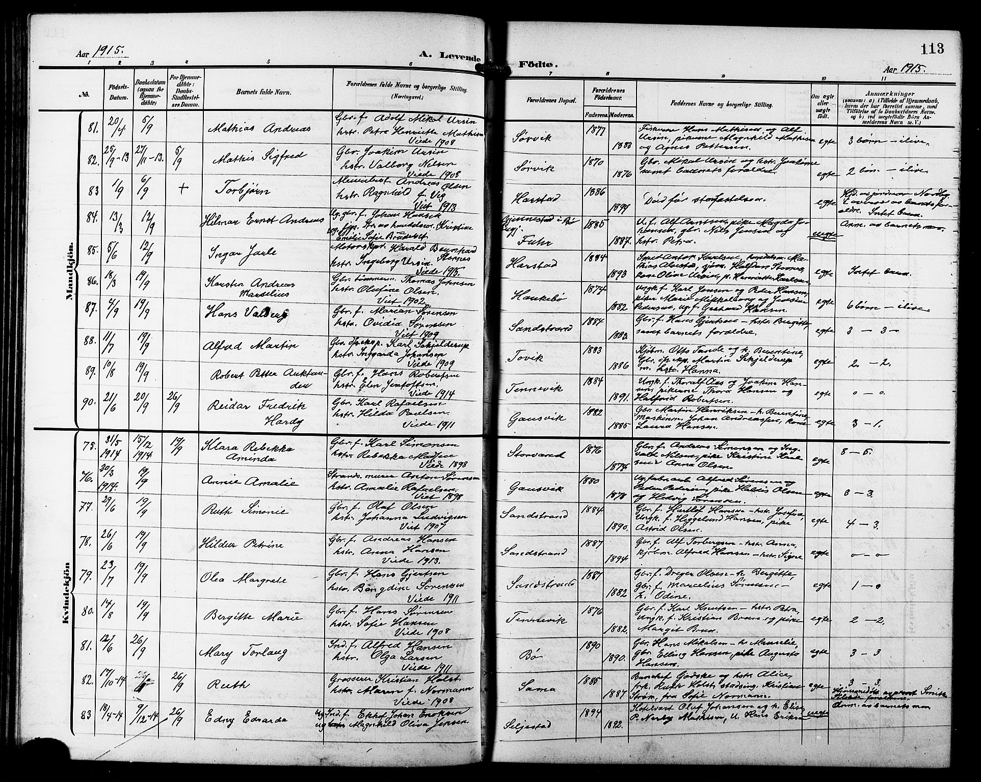 Trondenes sokneprestkontor, AV/SATØ-S-1319/H/Hb/L0012klokker: Parish register (copy) no. 12, 1907-1916, p. 113