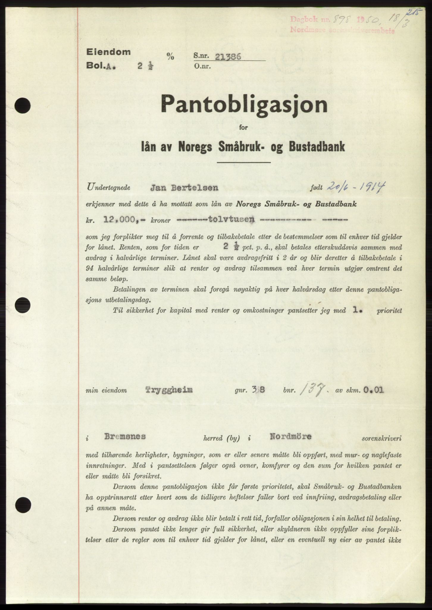 Nordmøre sorenskriveri, AV/SAT-A-4132/1/2/2Ca: Mortgage book no. B104, 1950-1950, Diary no: : 898/1950