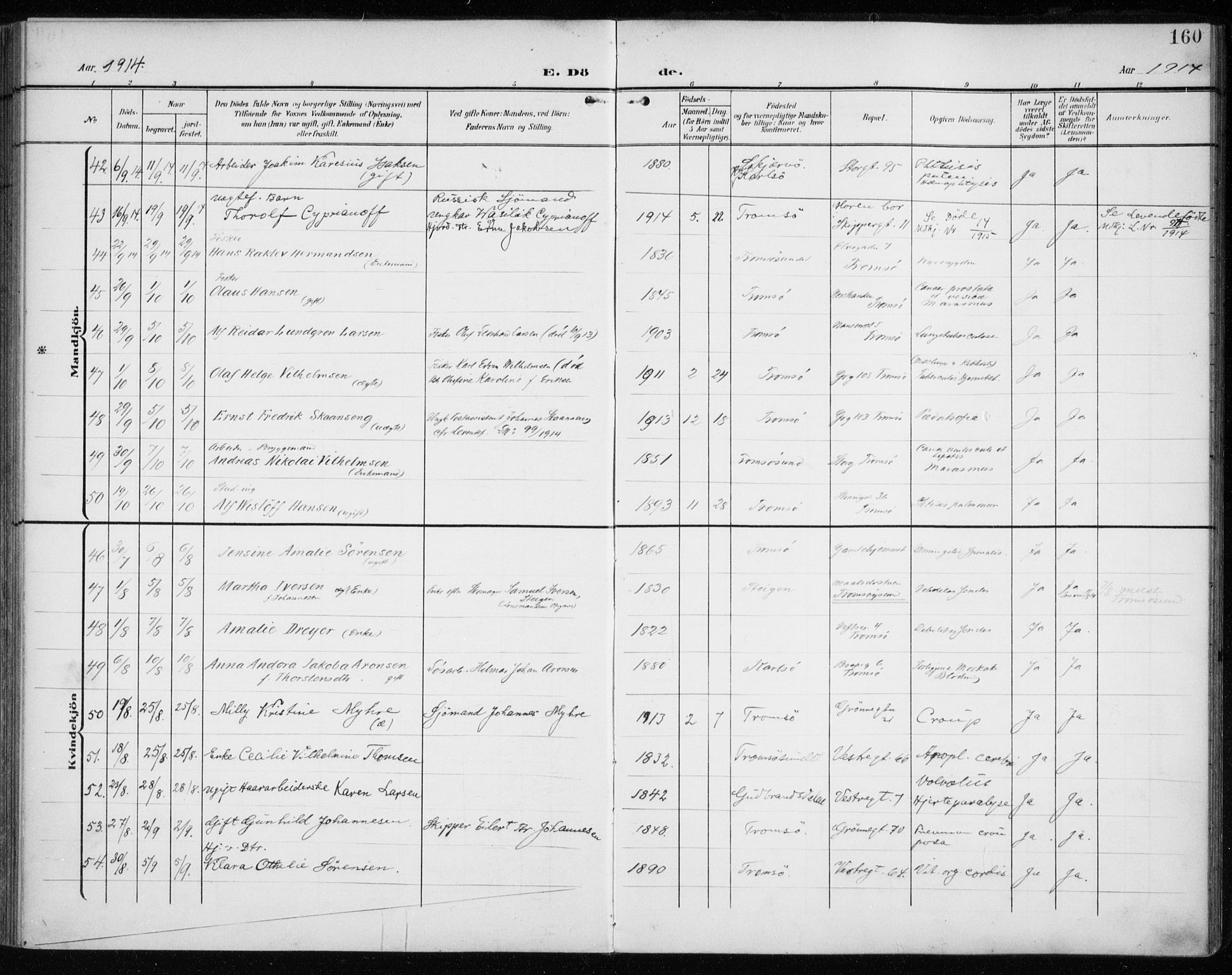 Tromsø sokneprestkontor/stiftsprosti/domprosti, AV/SATØ-S-1343/G/Ga/L0018kirke: Parish register (official) no. 18, 1907-1917, p. 160