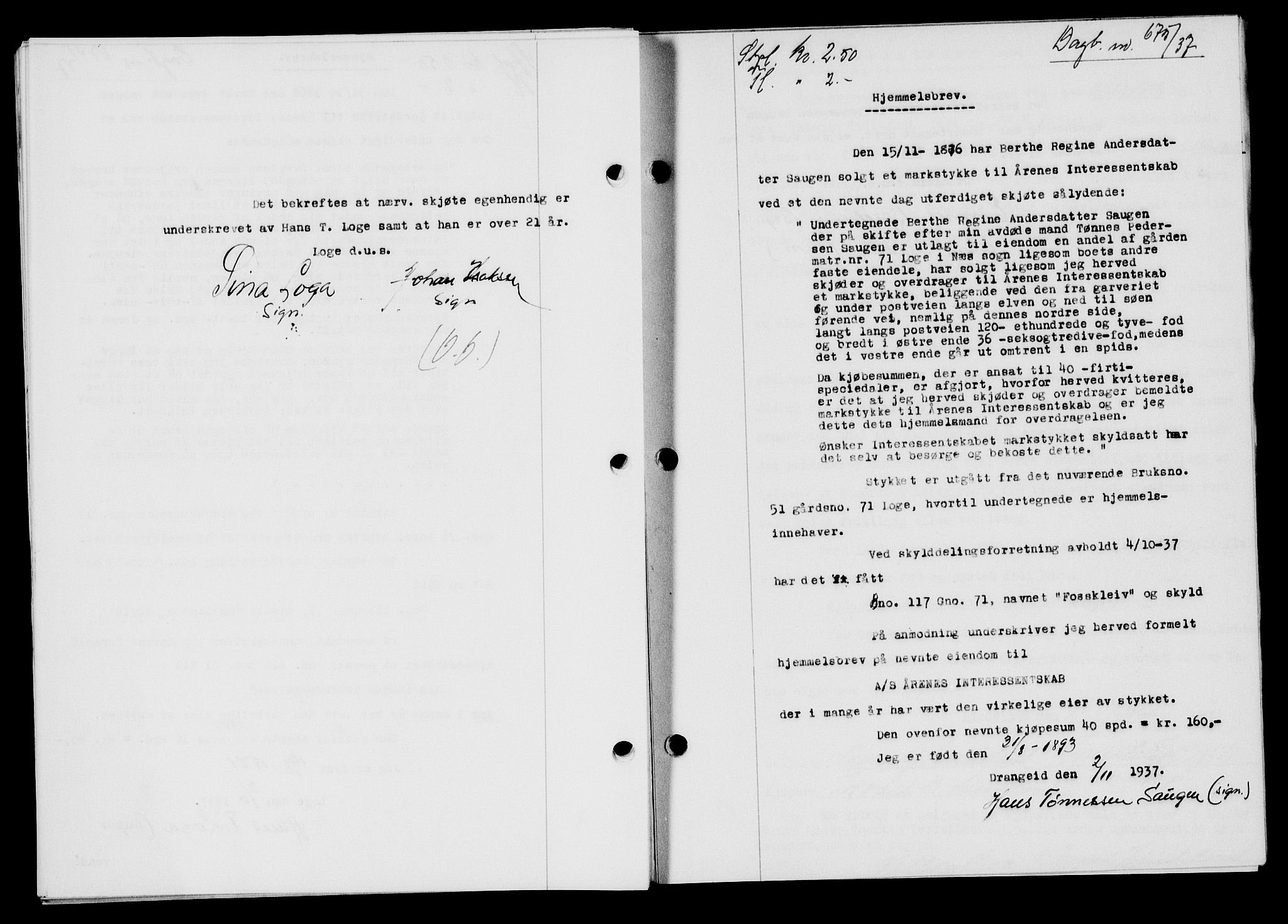 Flekkefjord sorenskriveri, SAK/1221-0001/G/Gb/Gba/L0054: Mortgage book no. A-2, 1937-1938, Diary no: : 675/1937