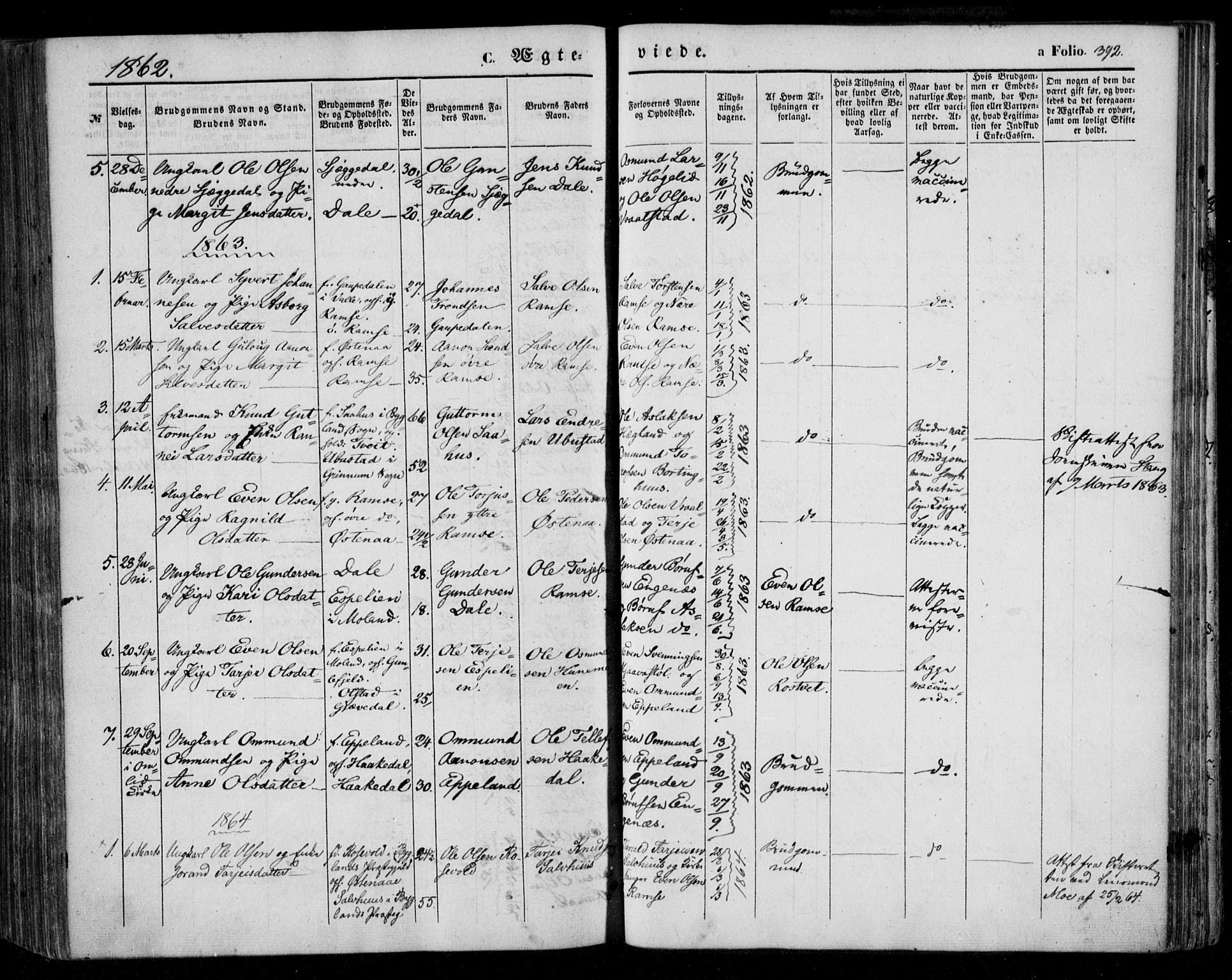 Åmli sokneprestkontor, SAK/1111-0050/F/Fa/Fac/L0008: Parish register (official) no. A 8, 1852-1869, p. 392