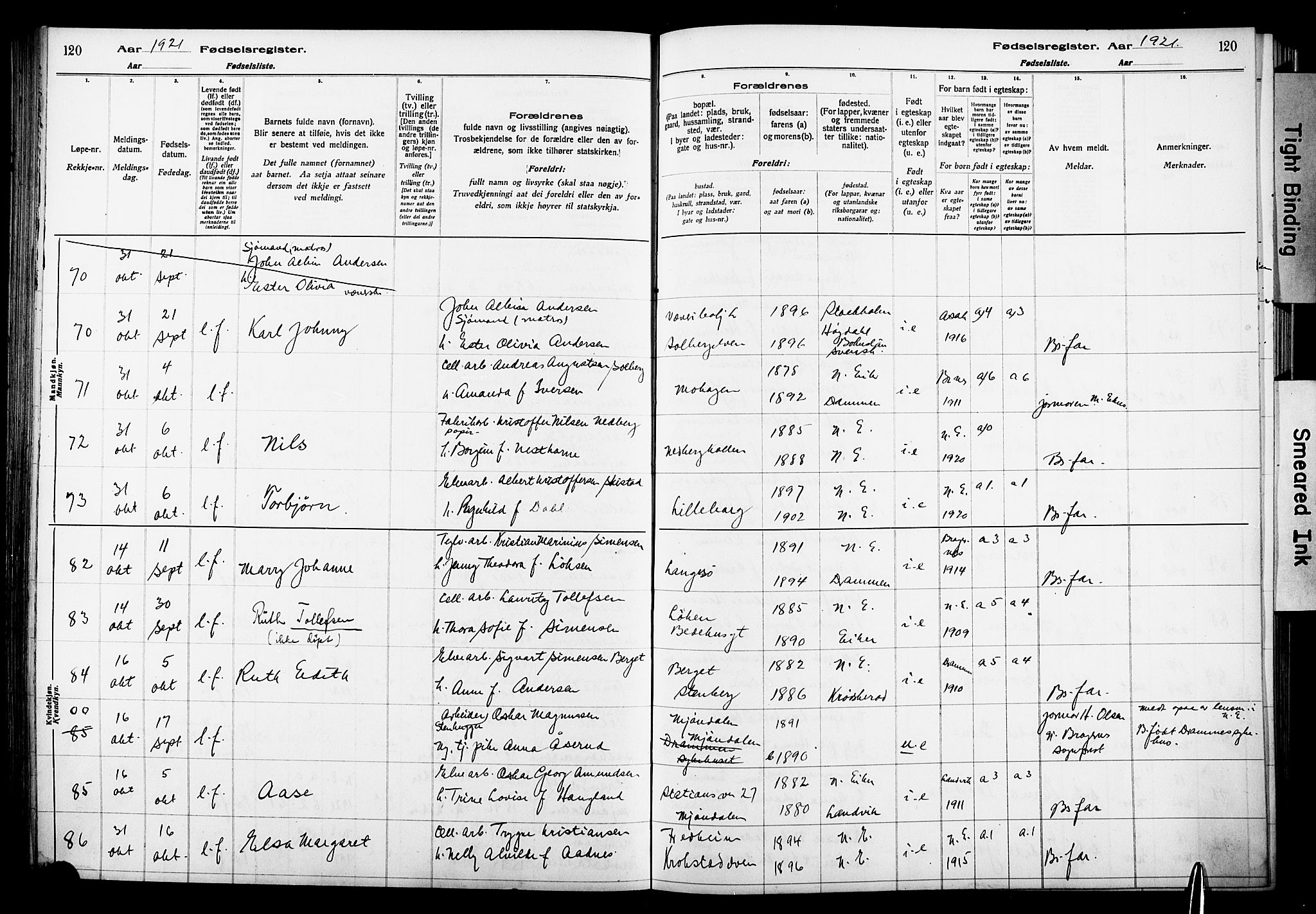 Nedre Eiker kirkebøker, AV/SAKO-A-612/J/Ja/L0001: Birth register no. 1, 1916-1925, p. 120