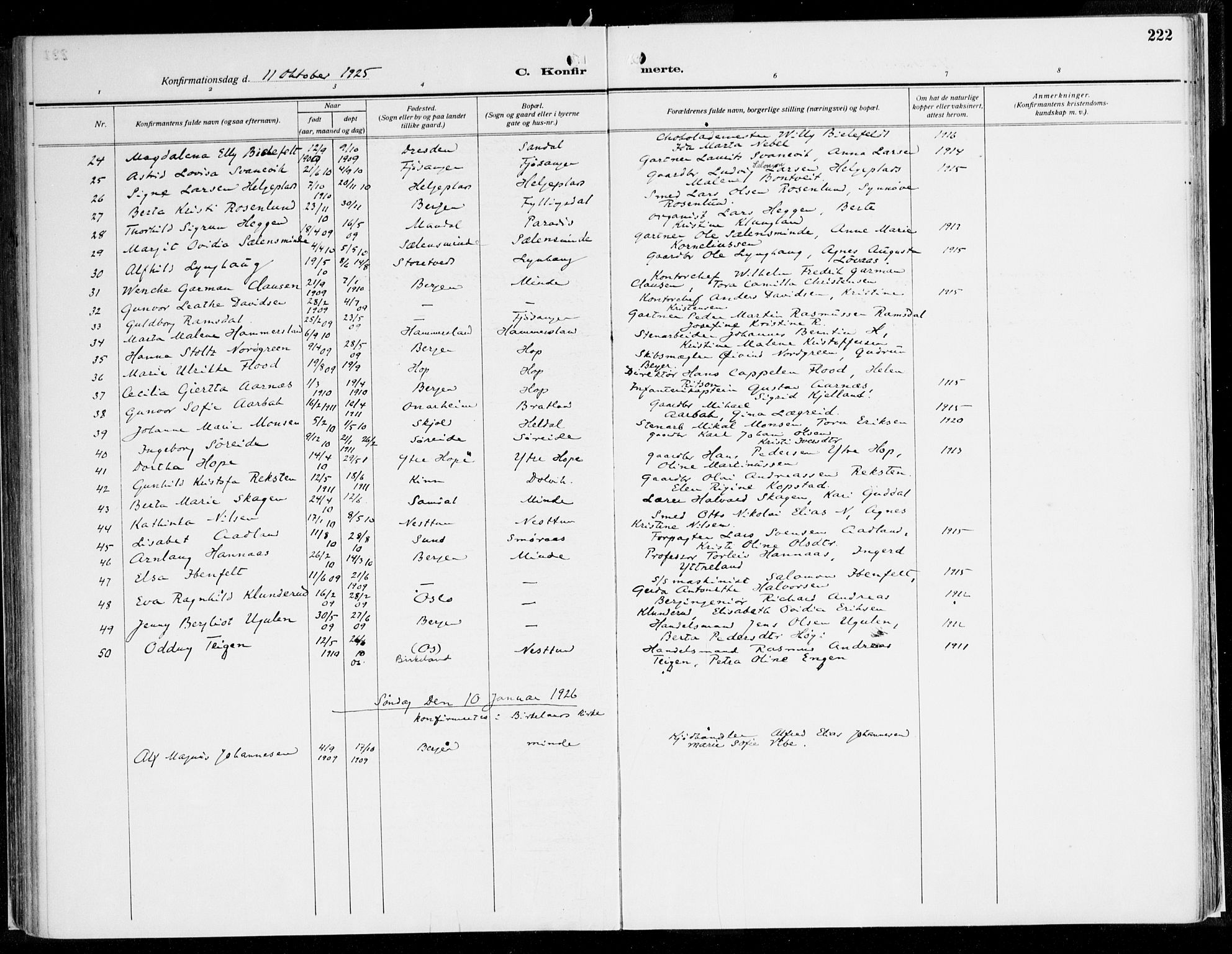 Fana Sokneprestembete, AV/SAB-A-75101/H/Haa/Haaj/L0001: Parish register (official) no. J 1, 1921-1935, p. 222