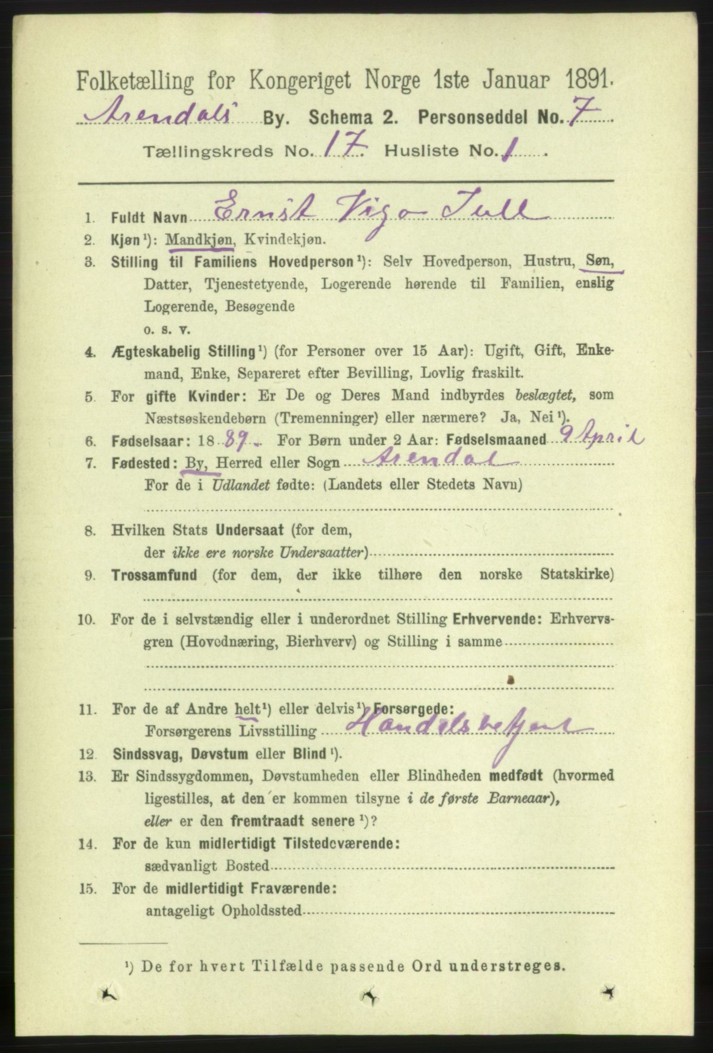 RA, 1891 census for 0903 Arendal, 1891, p. 5591