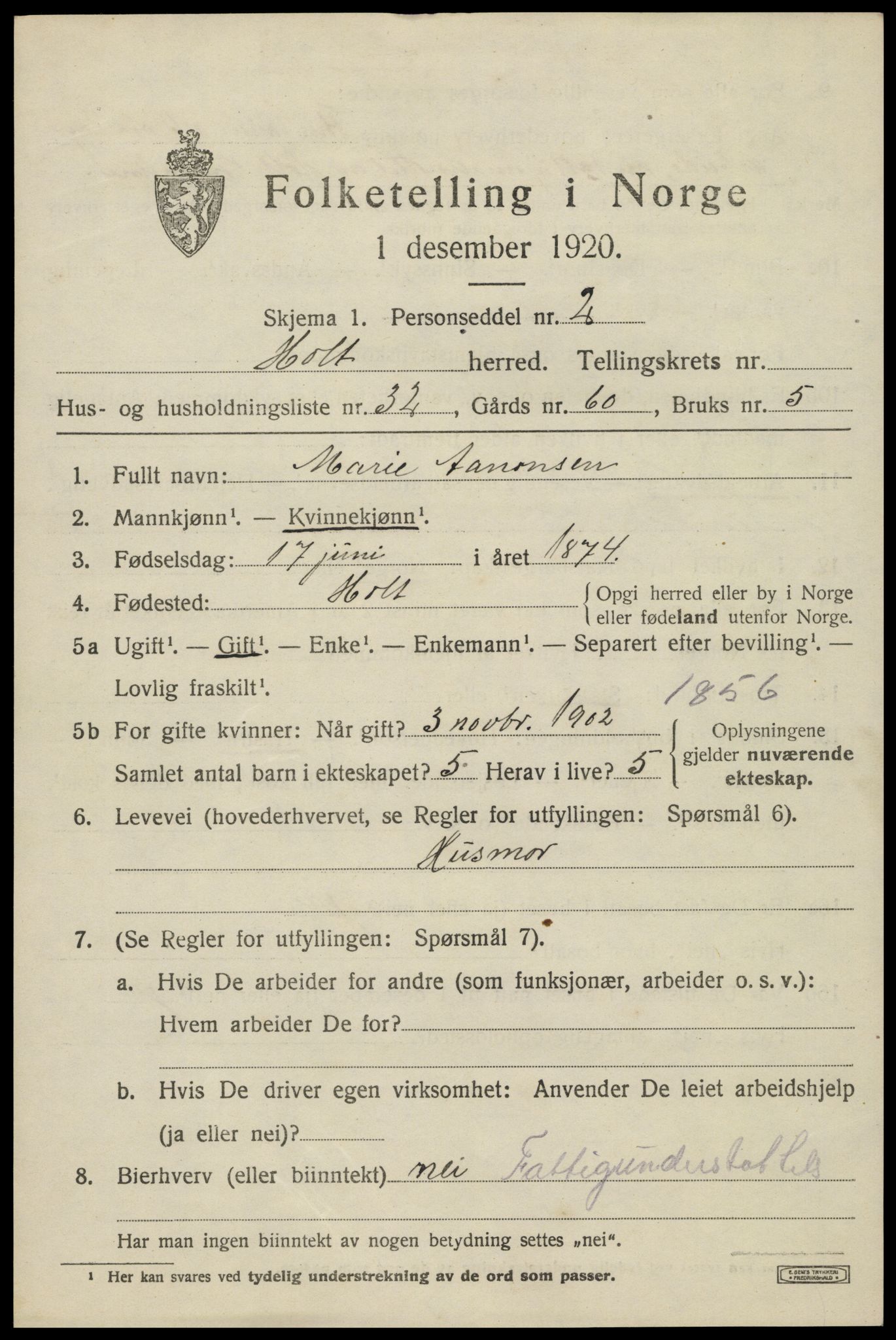 SAK, 1920 census for Holt, 1920, p. 7966