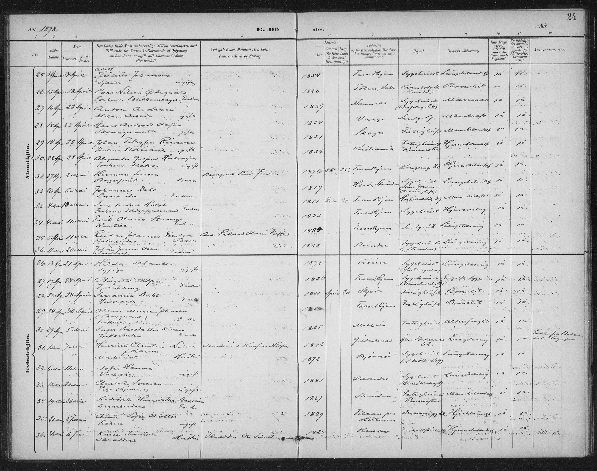 Ministerialprotokoller, klokkerbøker og fødselsregistre - Sør-Trøndelag, SAT/A-1456/602/L0123: Parish register (official) no. 602A21, 1895-1910, p. 24