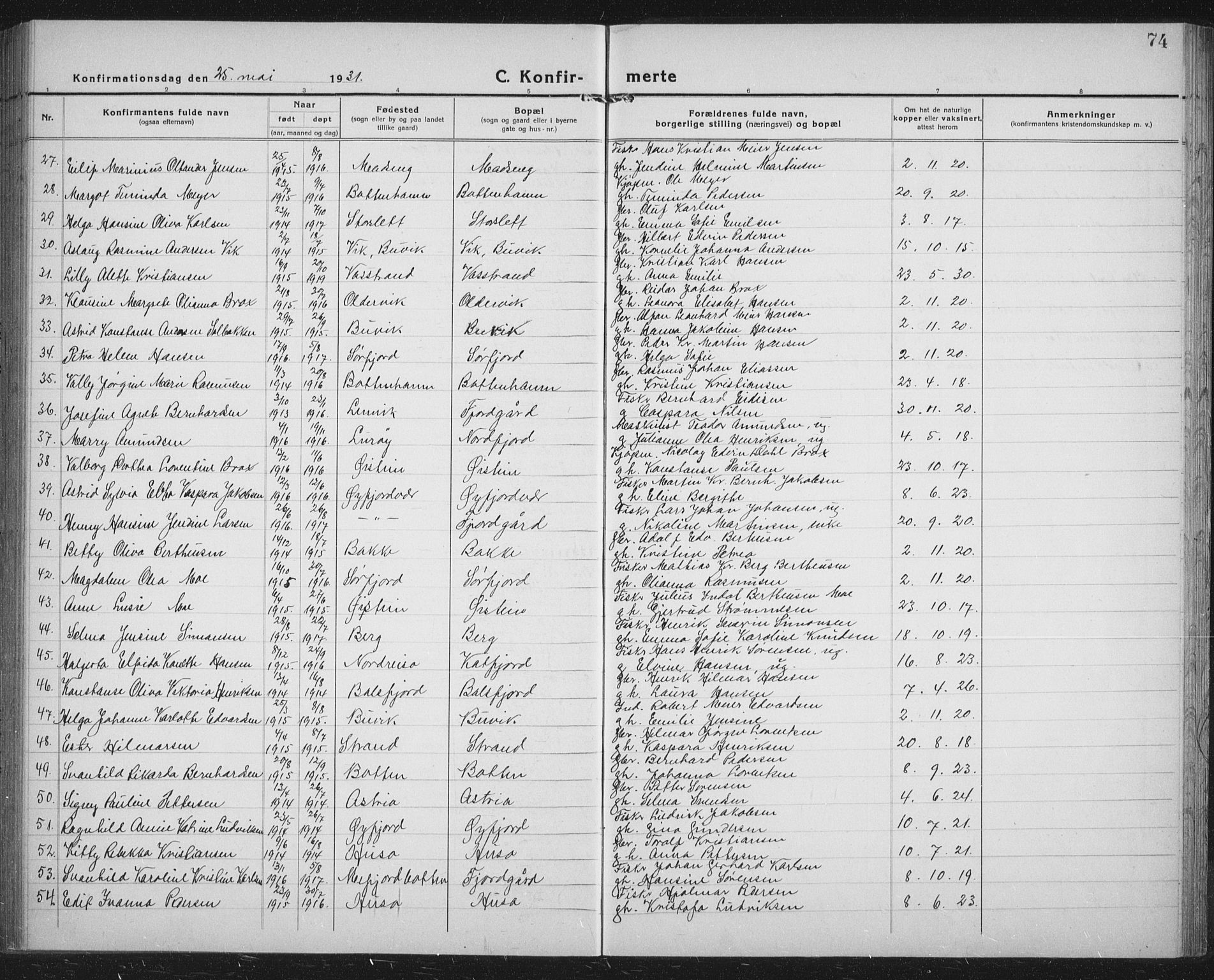 Lenvik sokneprestembete, AV/SATØ-S-1310/H/Ha/Hab/L0023klokker: Parish register (copy) no. 23, 1918-1936, p. 74