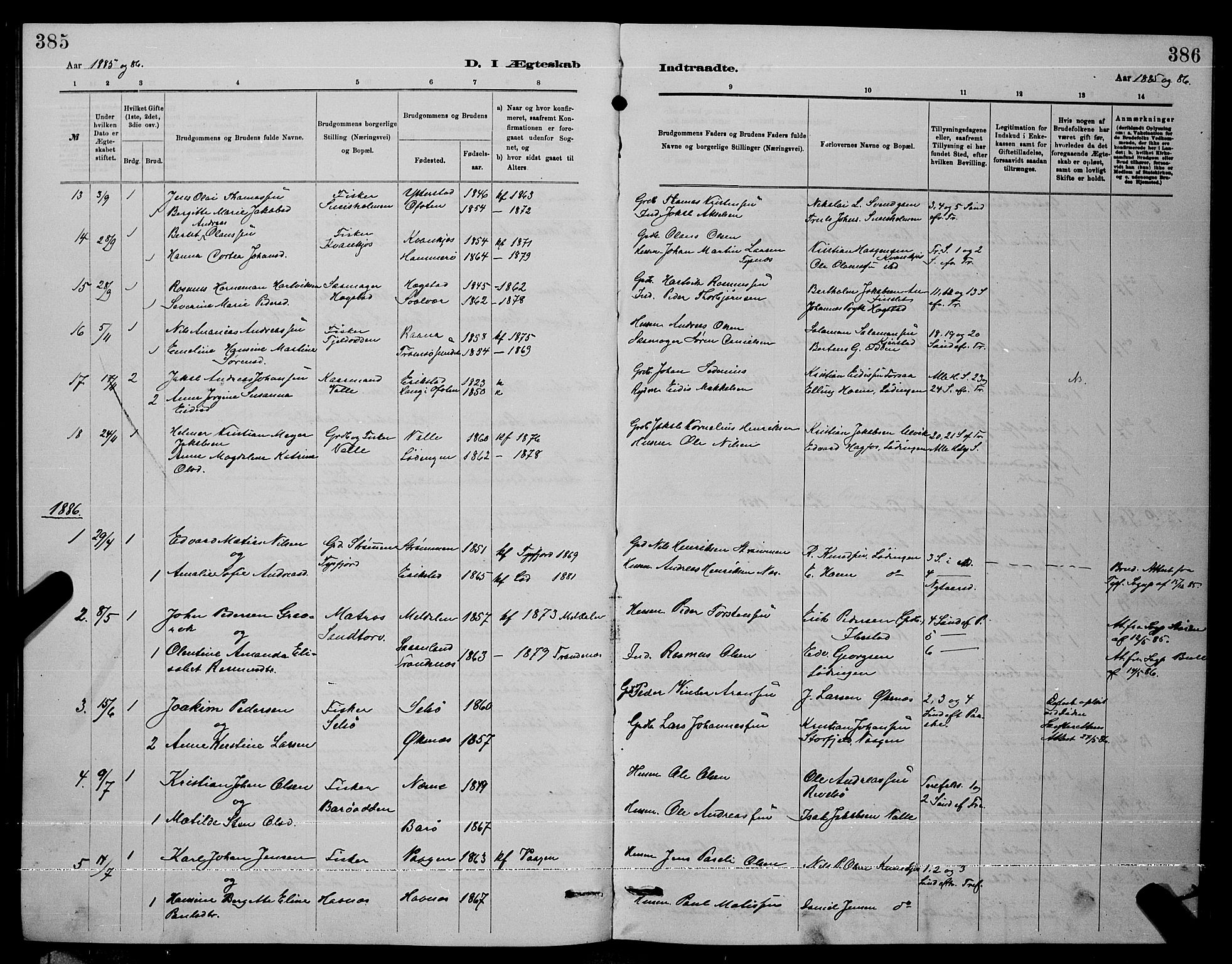 Ministerialprotokoller, klokkerbøker og fødselsregistre - Nordland, AV/SAT-A-1459/872/L1047: Parish register (copy) no. 872C03, 1880-1897, p. 385-386