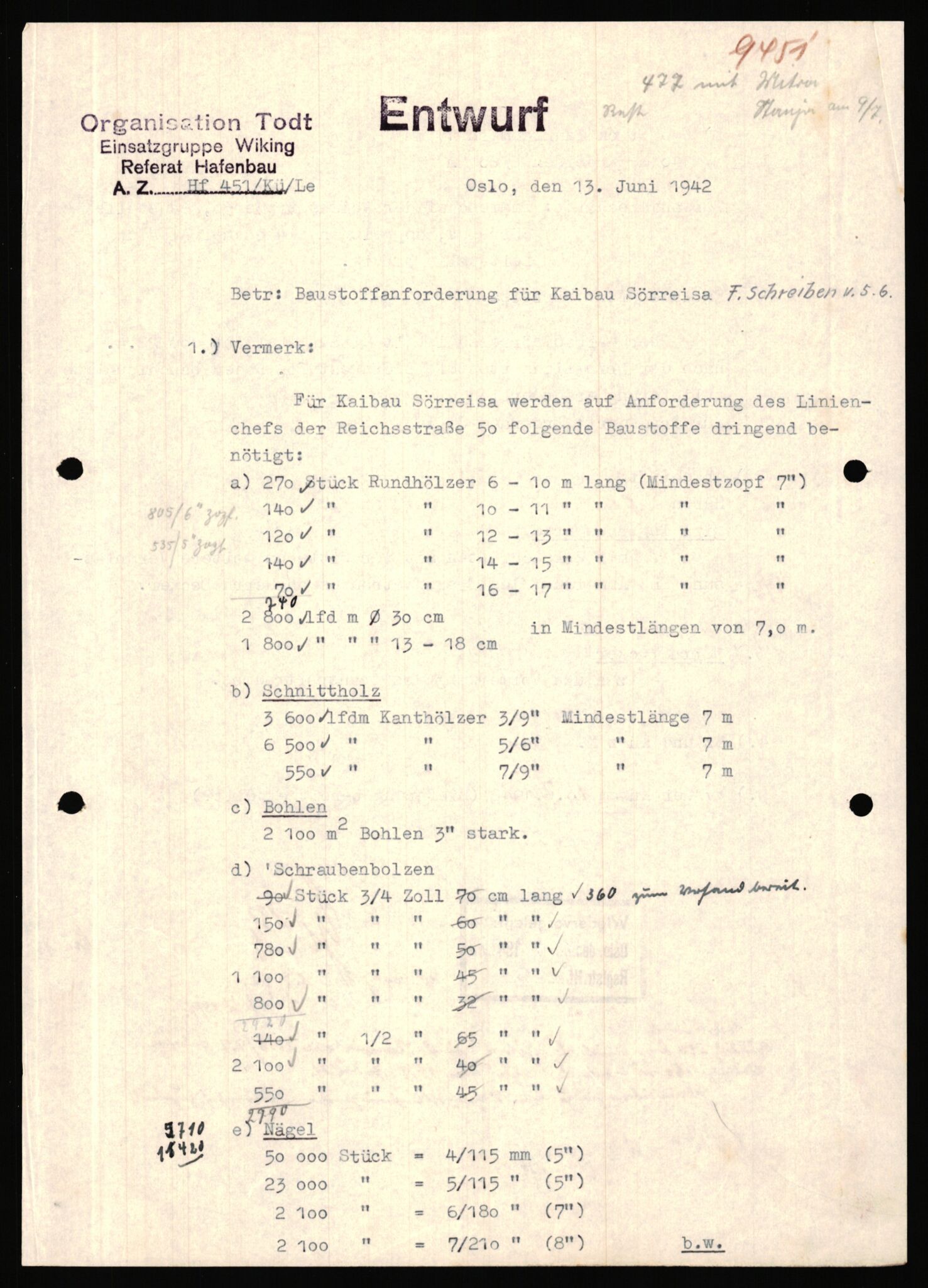 Tyske arkiver, Organisation Todt (OT), Einsatzgruppe Wiking, AV/RA-RAFA-2188/1/E/E6/E6c/L0007: Nachschub: Arkivkode 9451-9490, 1940-1945, p. 20