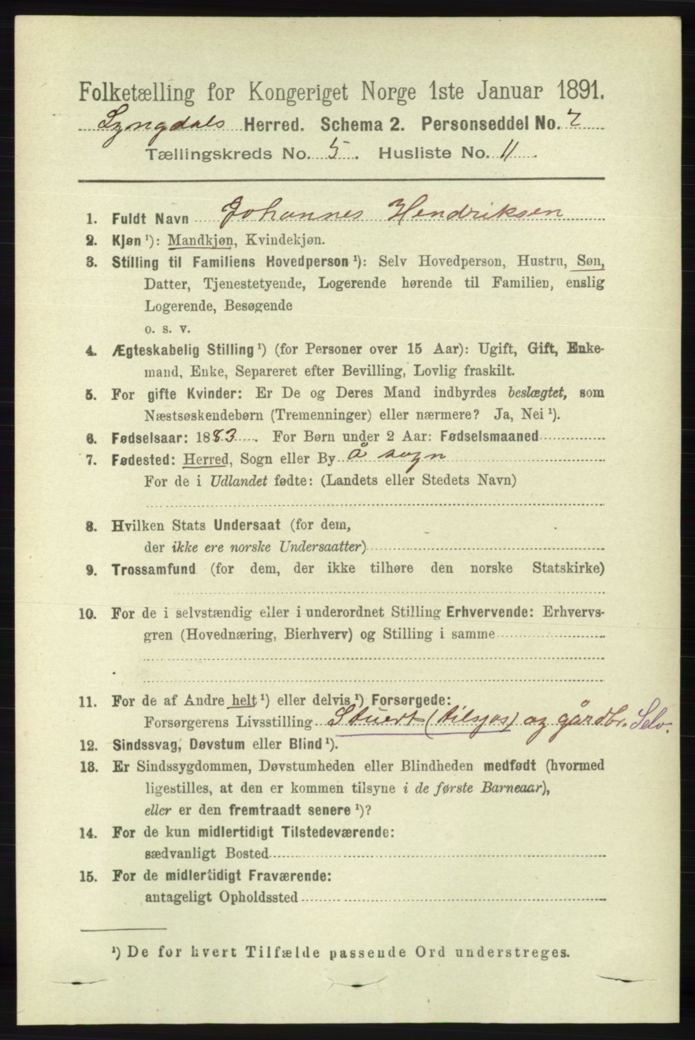 RA, 1891 census for 1032 Lyngdal, 1891, p. 1948