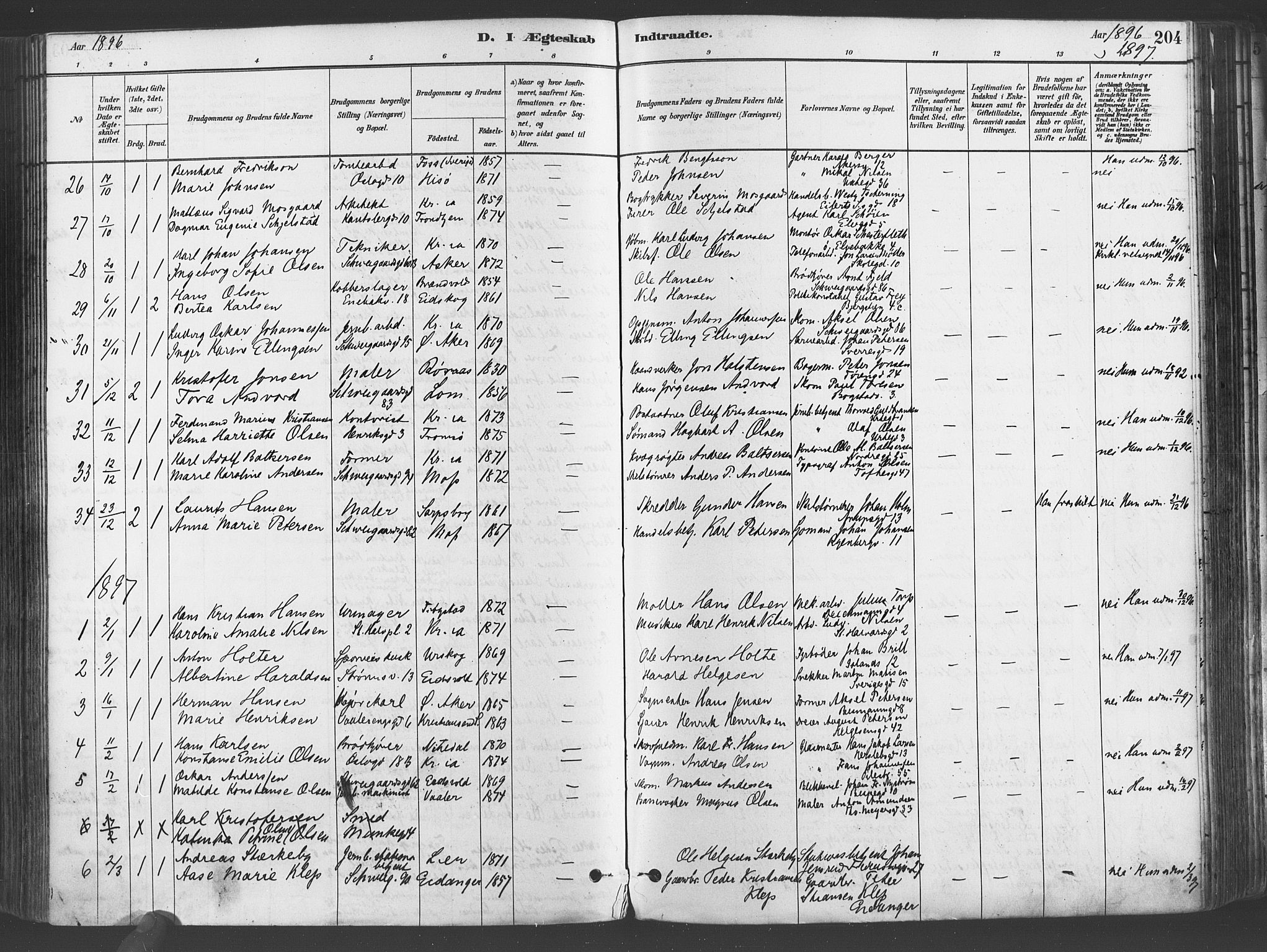 Gamlebyen prestekontor Kirkebøker, AV/SAO-A-10884/F/Fa/L0006: Parish register (official) no. 6, 1881-1890, p. 204