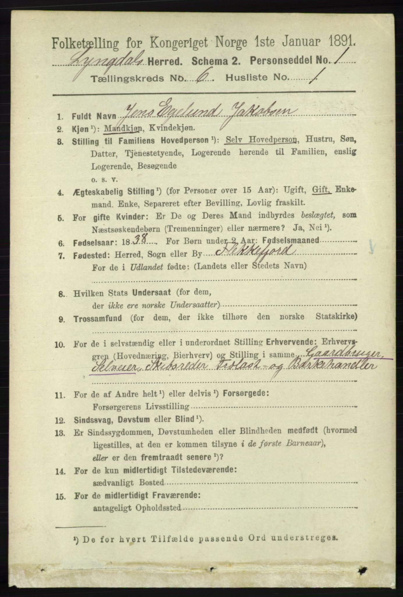 RA, 1891 census for 1032 Lyngdal, 1891, p. 2462