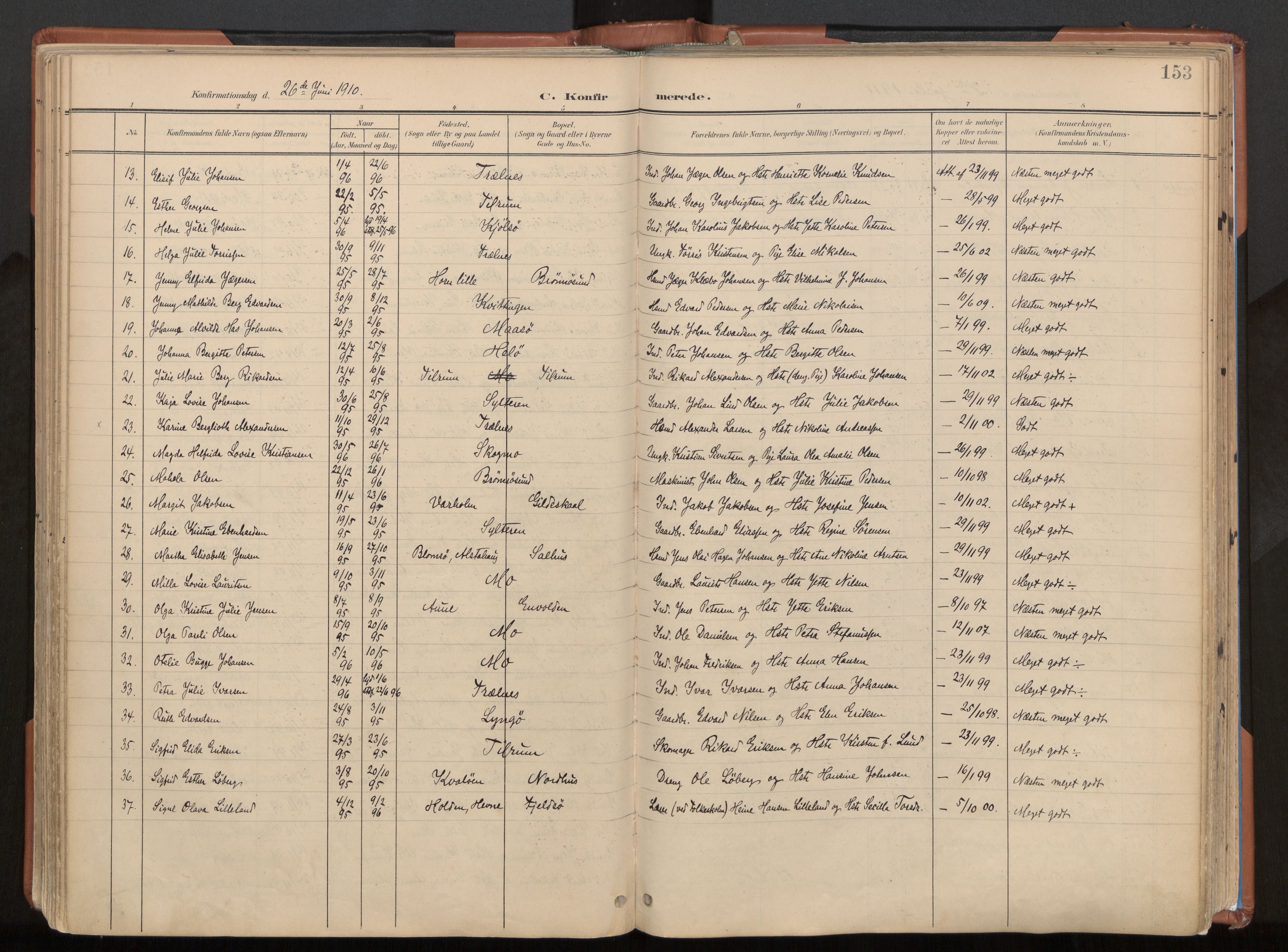Ministerialprotokoller, klokkerbøker og fødselsregistre - Nordland, SAT/A-1459/813/L0201: Parish register (official) no. 813A11, 1901-1918, p. 153