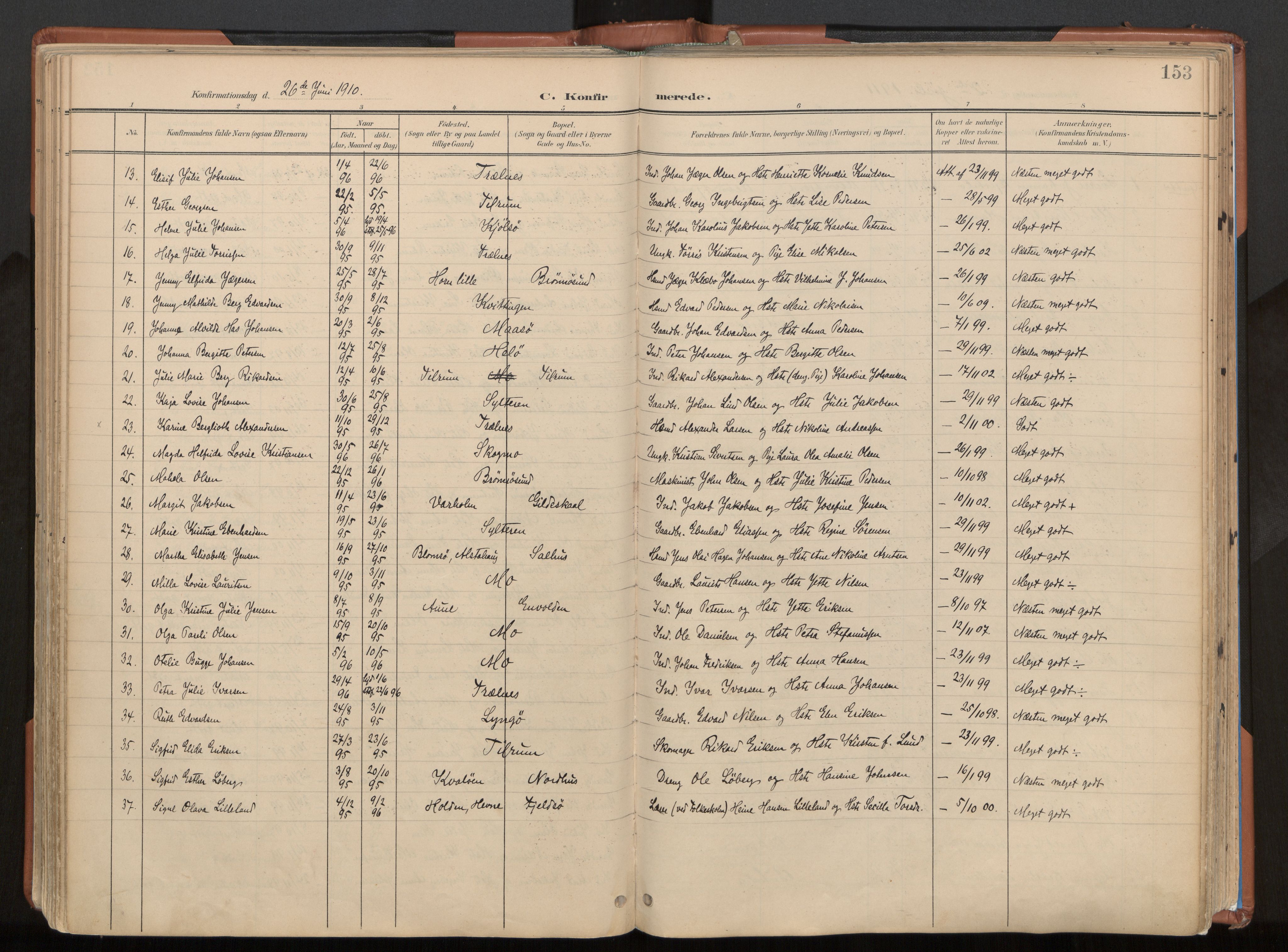 Ministerialprotokoller, klokkerbøker og fødselsregistre - Nordland, AV/SAT-A-1459/813/L0201: Parish register (official) no. 813A11, 1901-1918, p. 153