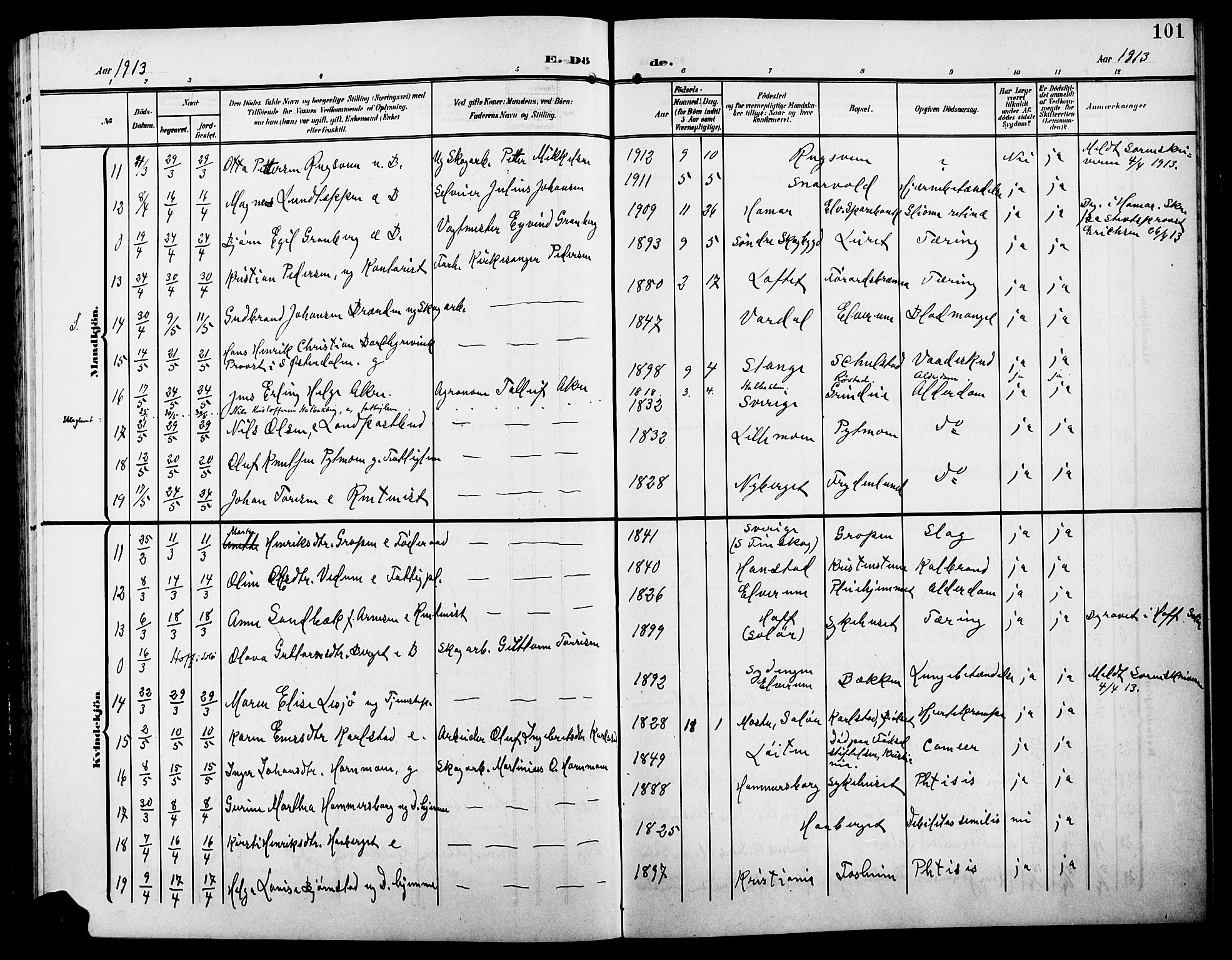 Elverum prestekontor, AV/SAH-PREST-044/H/Ha/Hab/L0009: Parish register (copy) no. 9, 1908-1921, p. 101