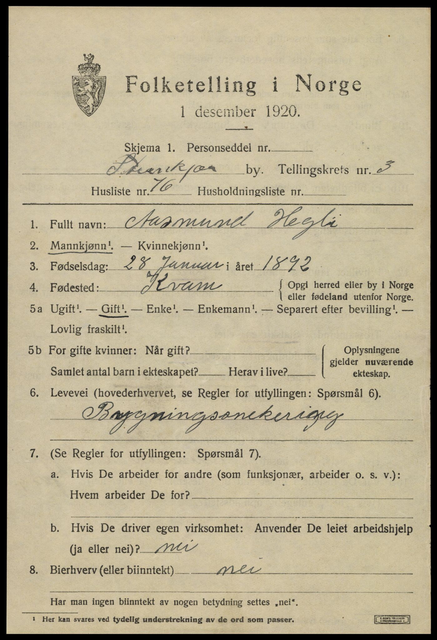 SAT, 1920 census for Steinkjer, 1920, p. 6964