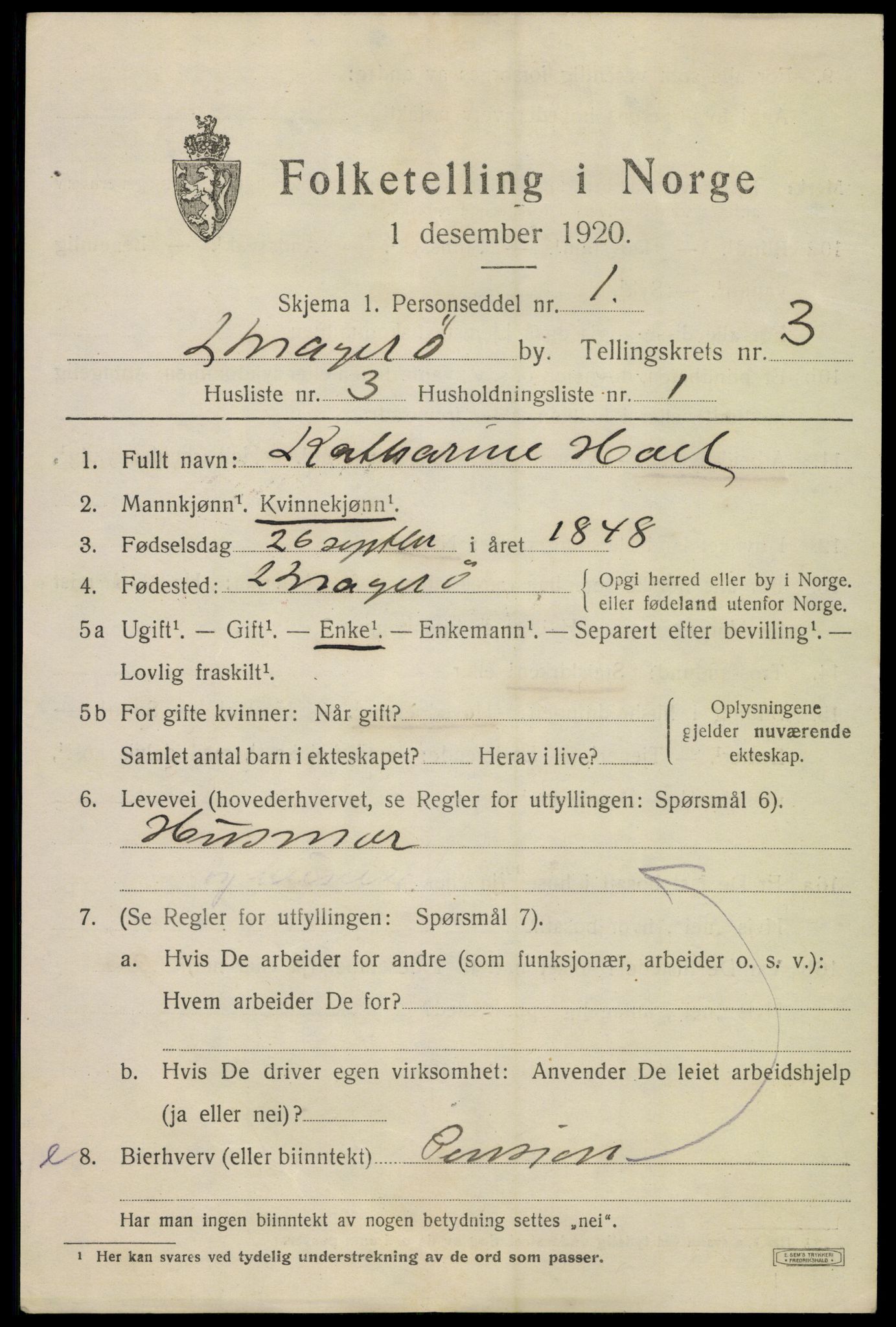 SAKO, 1920 census for Kragerø, 1920, p. 7131