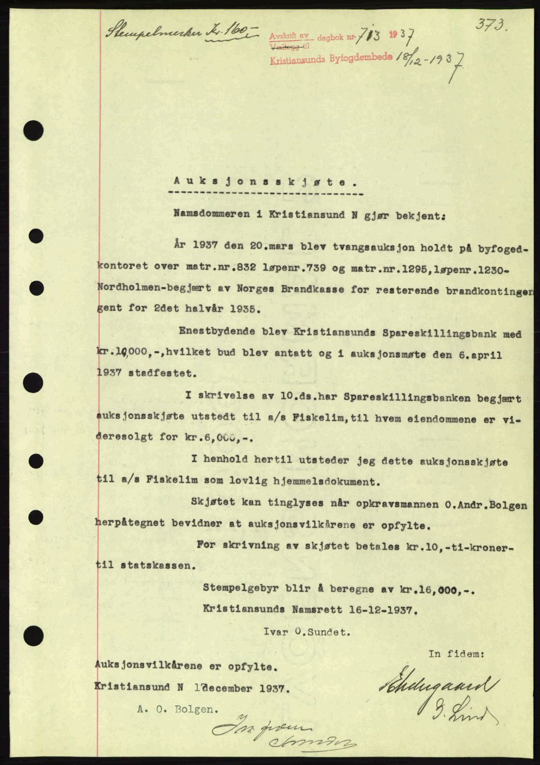 Kristiansund byfogd, AV/SAT-A-4587/A/27: Mortgage book no. 30, 1936-1941, Diary no: : 713/1937