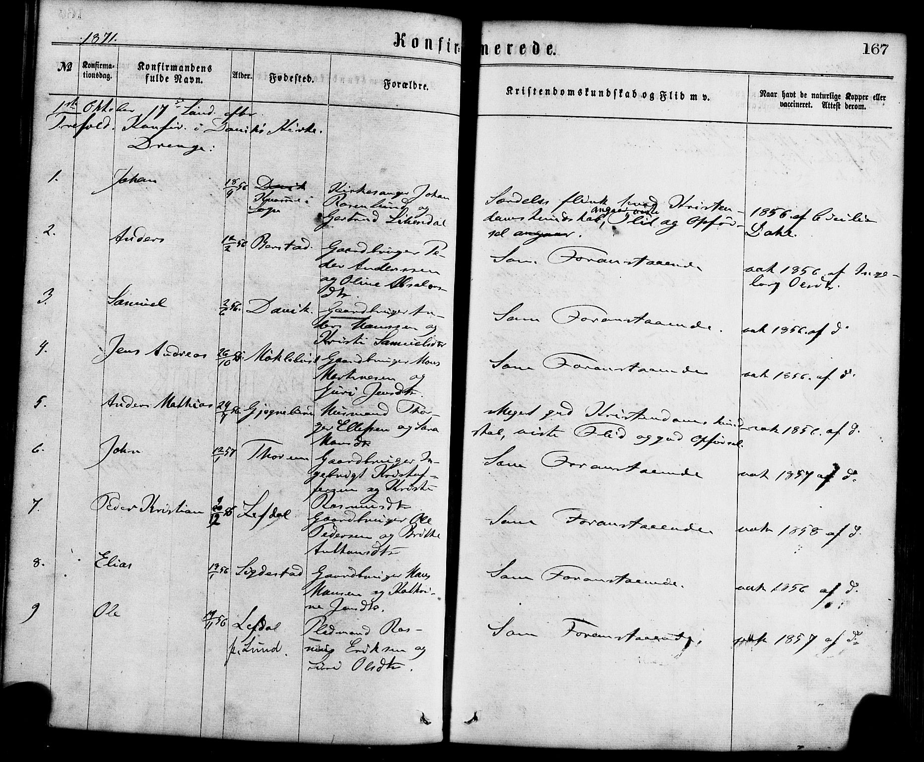 Davik sokneprestembete, AV/SAB-A-79701/H/Haa/Haaa/L0006: Parish register (official) no. A 6, 1867-1881, p. 167