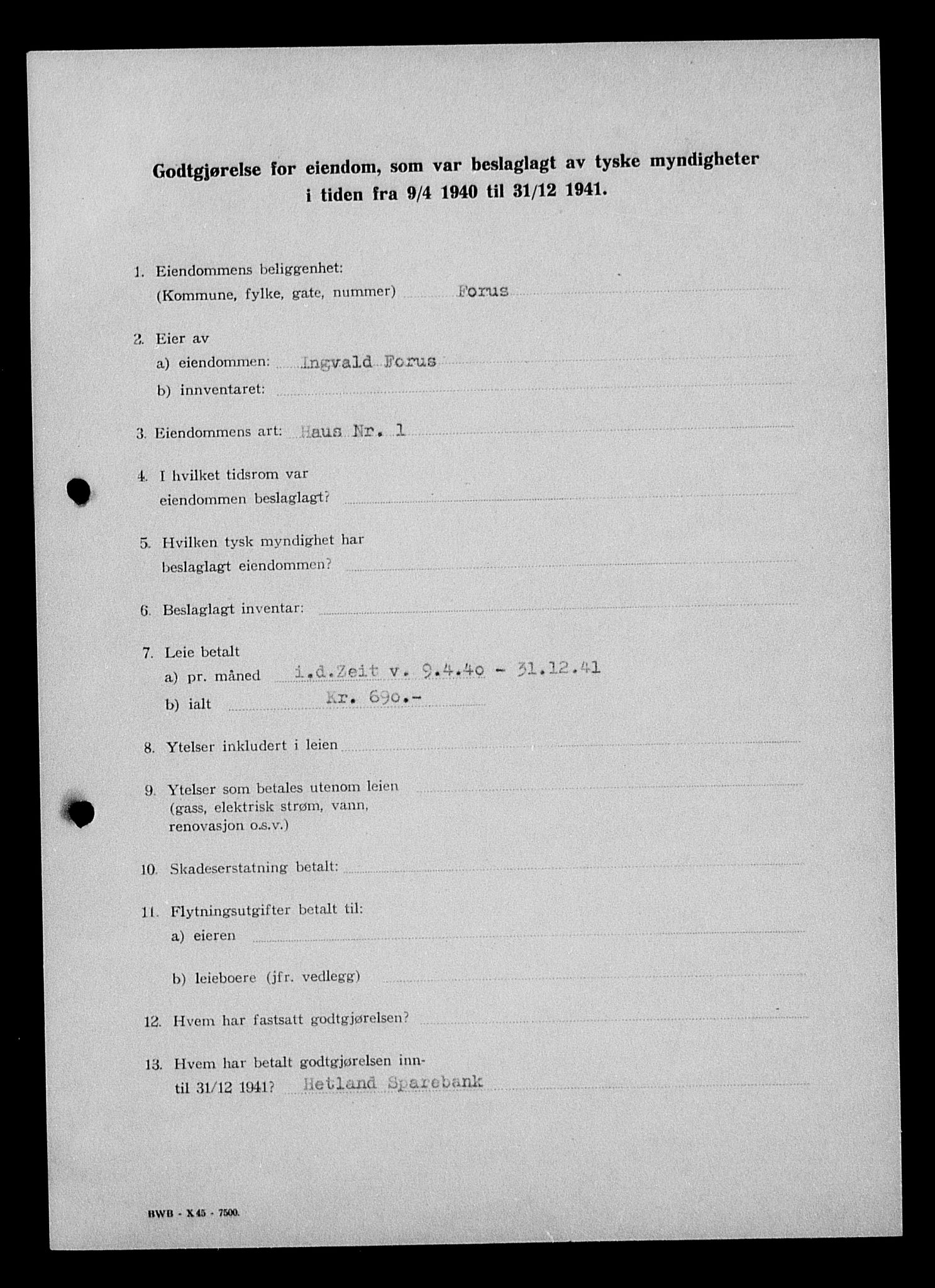 Justisdepartementet, Tilbakeføringskontoret for inndratte formuer, AV/RA-S-1564/I/L1015: Godtgjørelse for beslaglagt eiendom, 1940-1941, p. 450