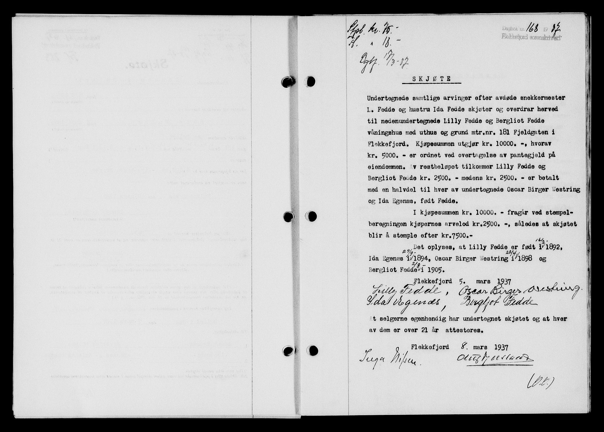 Flekkefjord sorenskriveri, SAK/1221-0001/G/Gb/Gba/L0053: Mortgage book no. A-1, 1936-1937, Diary no: : 168/1937