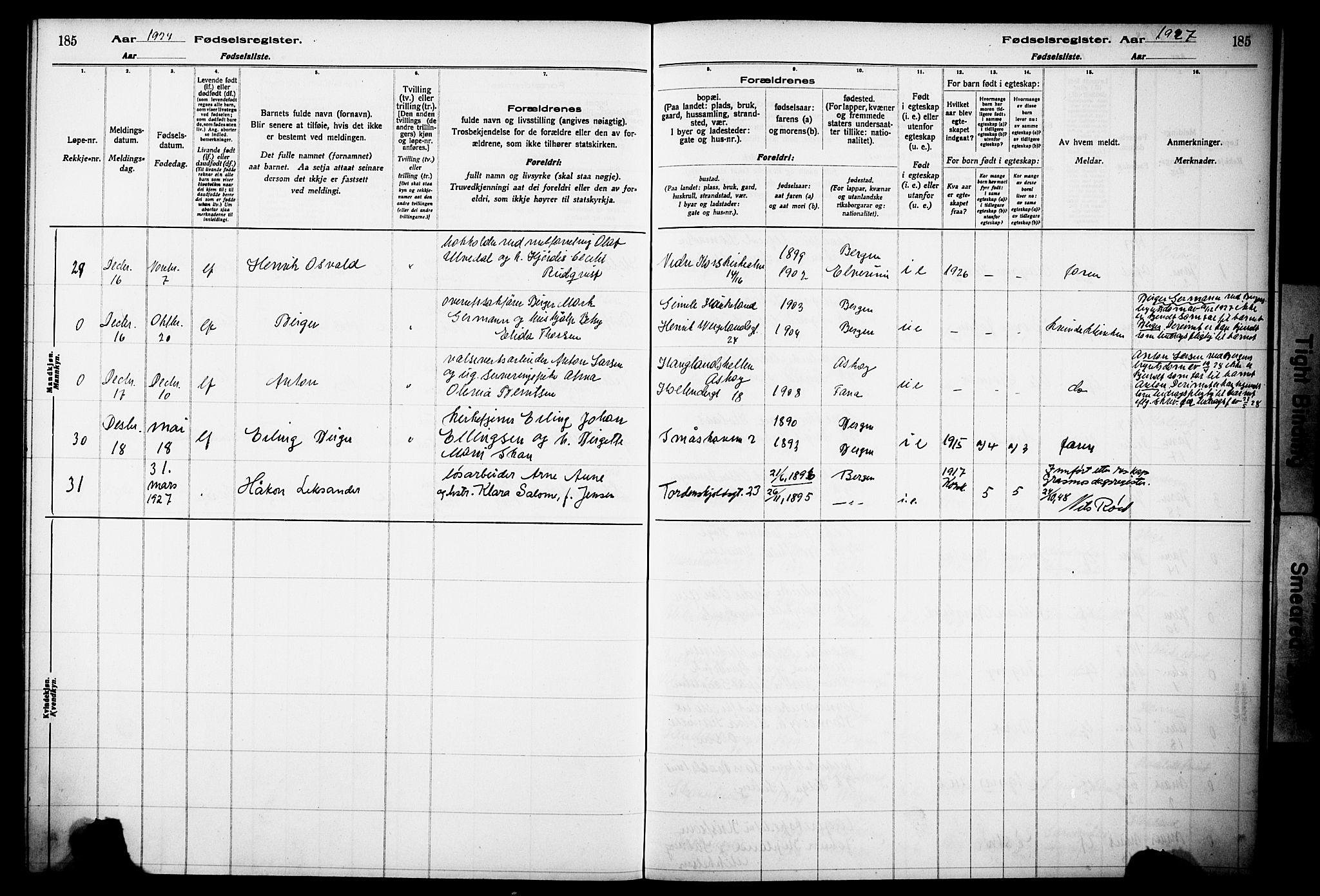 Korskirken sokneprestembete, SAB/A-76101/I/Id/L00A1: Birth register no. A 1, 1916-1929, p. 185