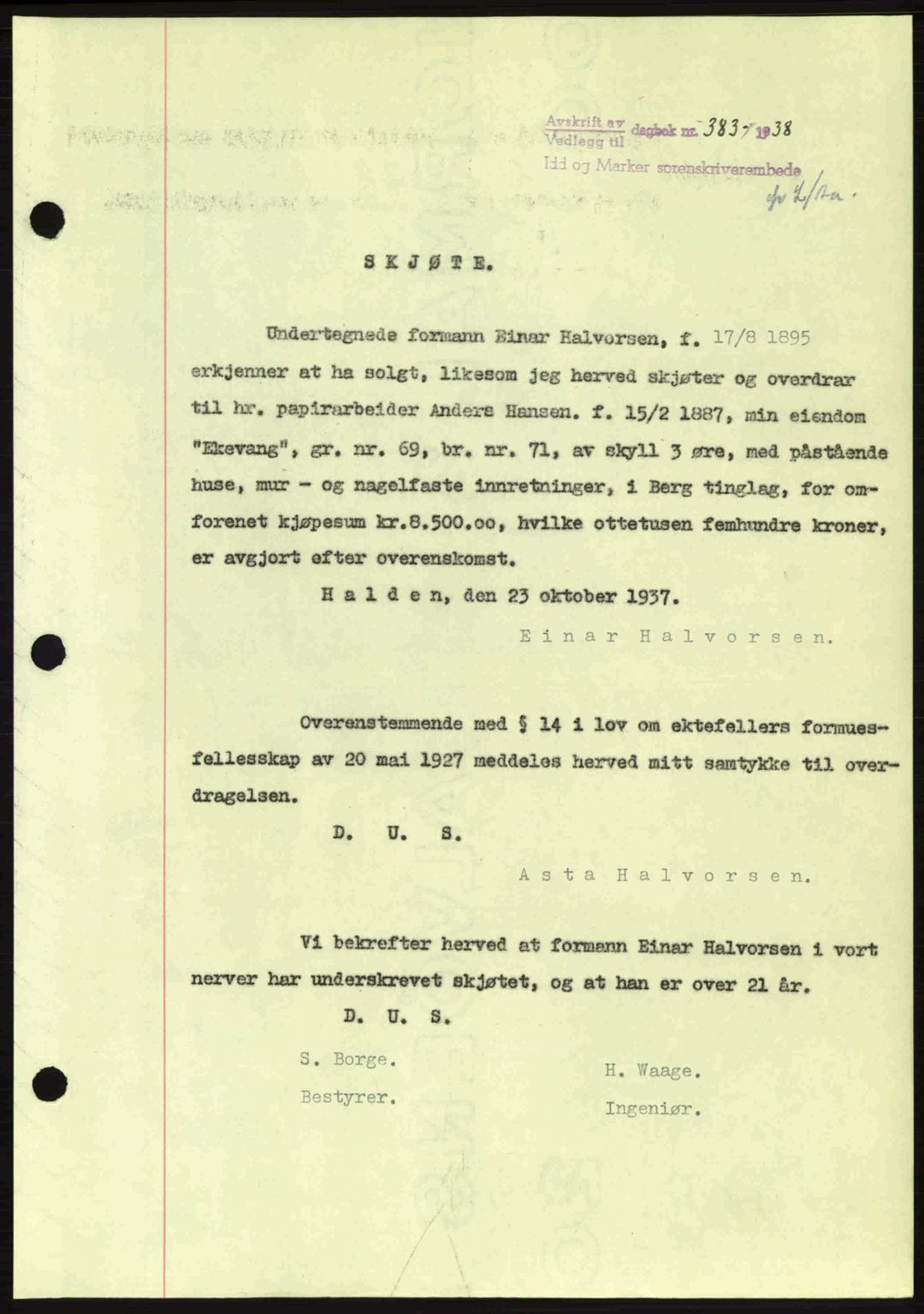 Idd og Marker sorenskriveri, AV/SAO-A-10283/G/Gb/Gbb/L0002: Mortgage book no. A2, 1937-1938, Diary no: : 383/1938