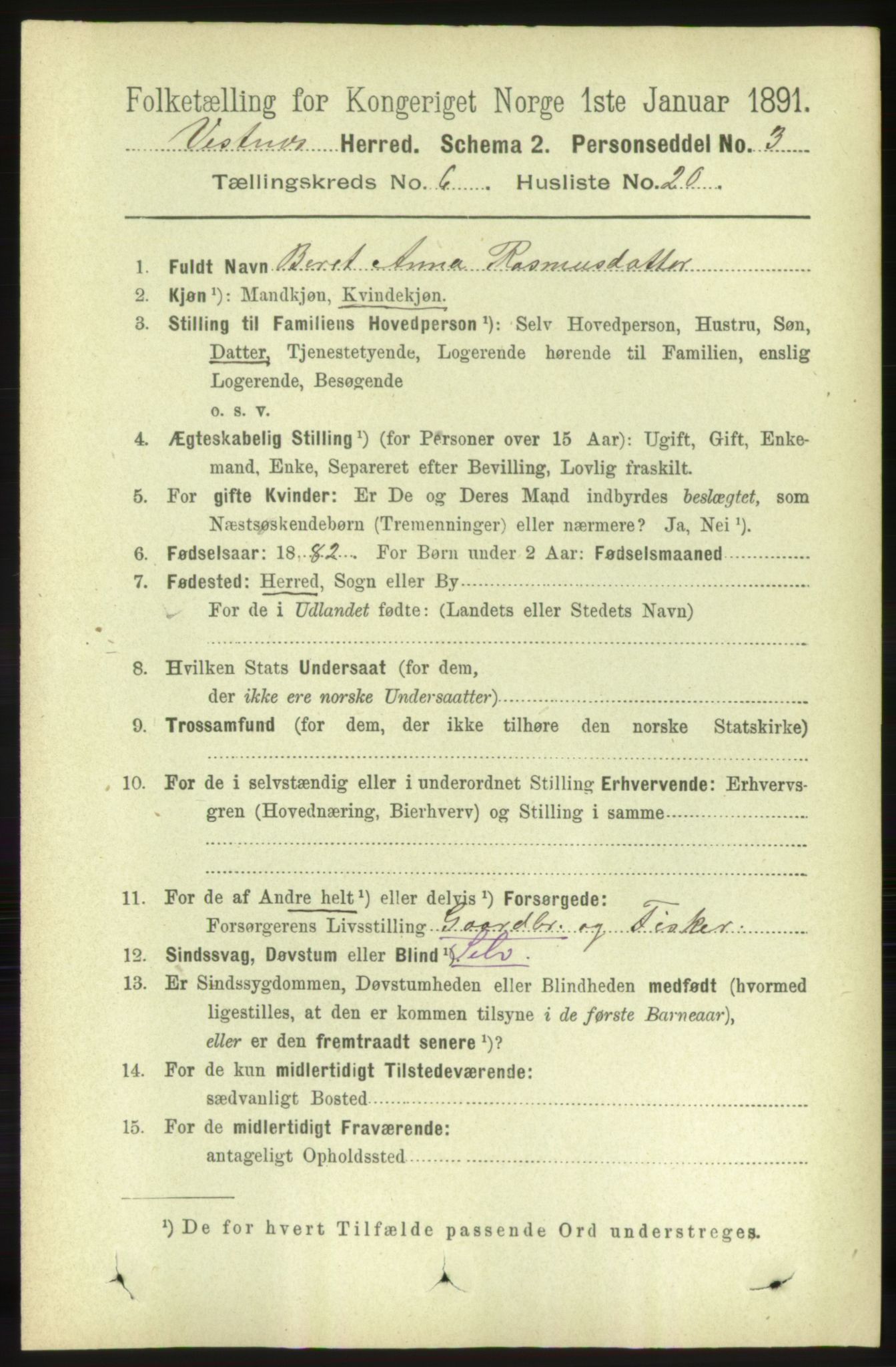 RA, 1891 census for 1535 Vestnes, 1891, p. 2288