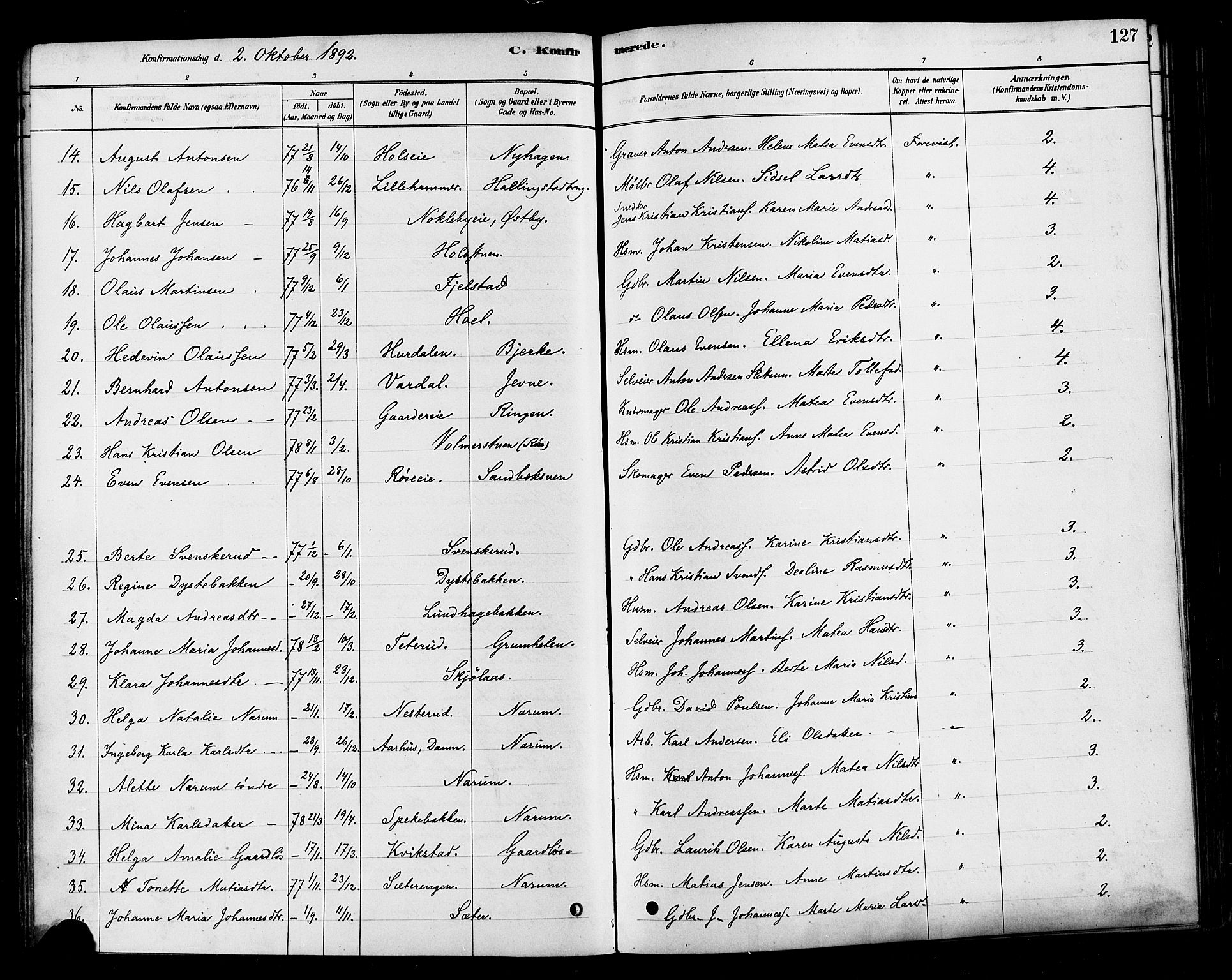 Vestre Toten prestekontor, AV/SAH-PREST-108/H/Ha/Haa/L0010: Parish register (official) no. 10, 1878-1894, p. 127