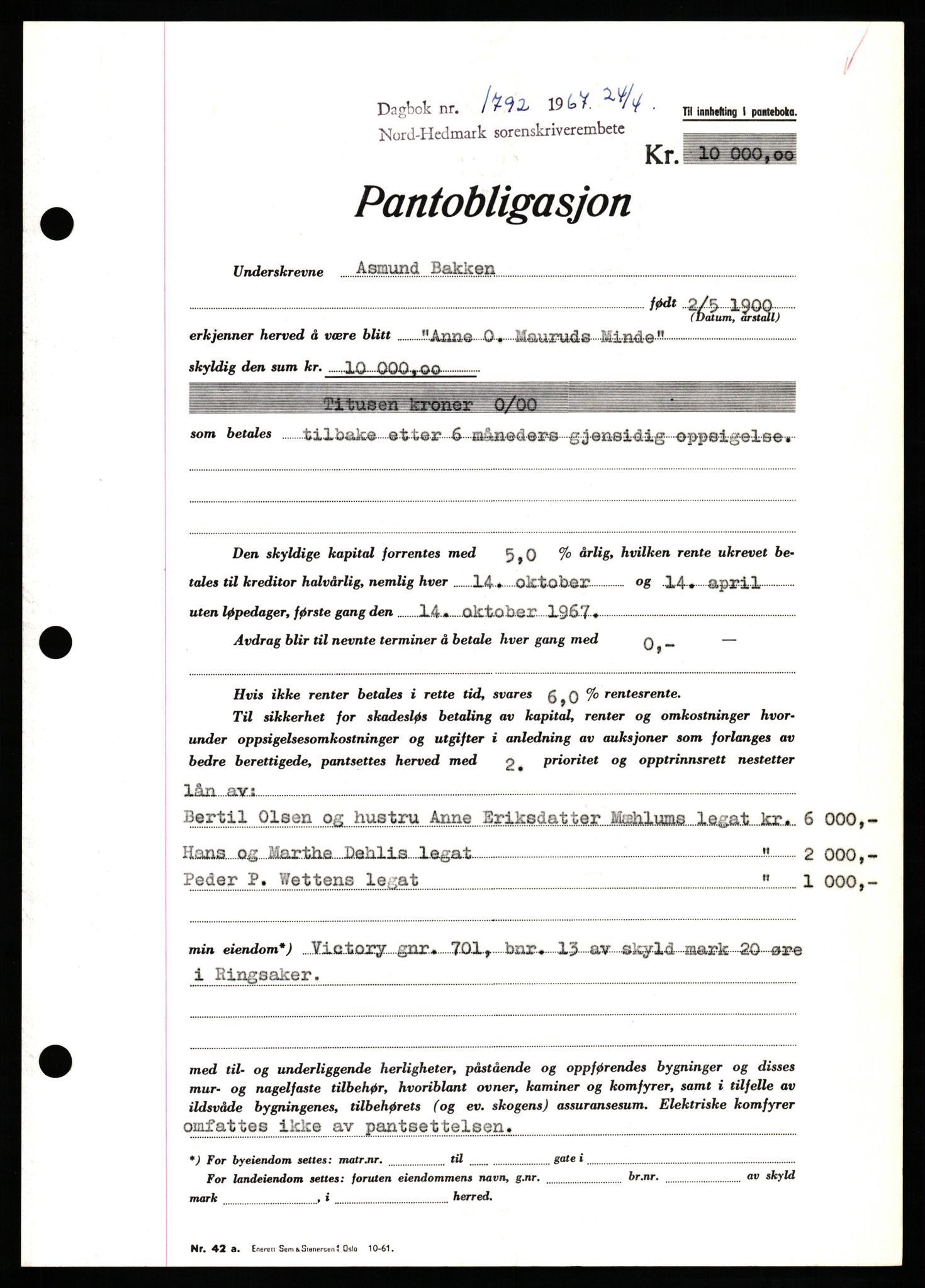 Nord-Hedmark sorenskriveri, SAH/TING-012/H/Hb/Hbf/L0071: Mortgage book no. B71, 1967-1967, Diary no: : 1792/1967