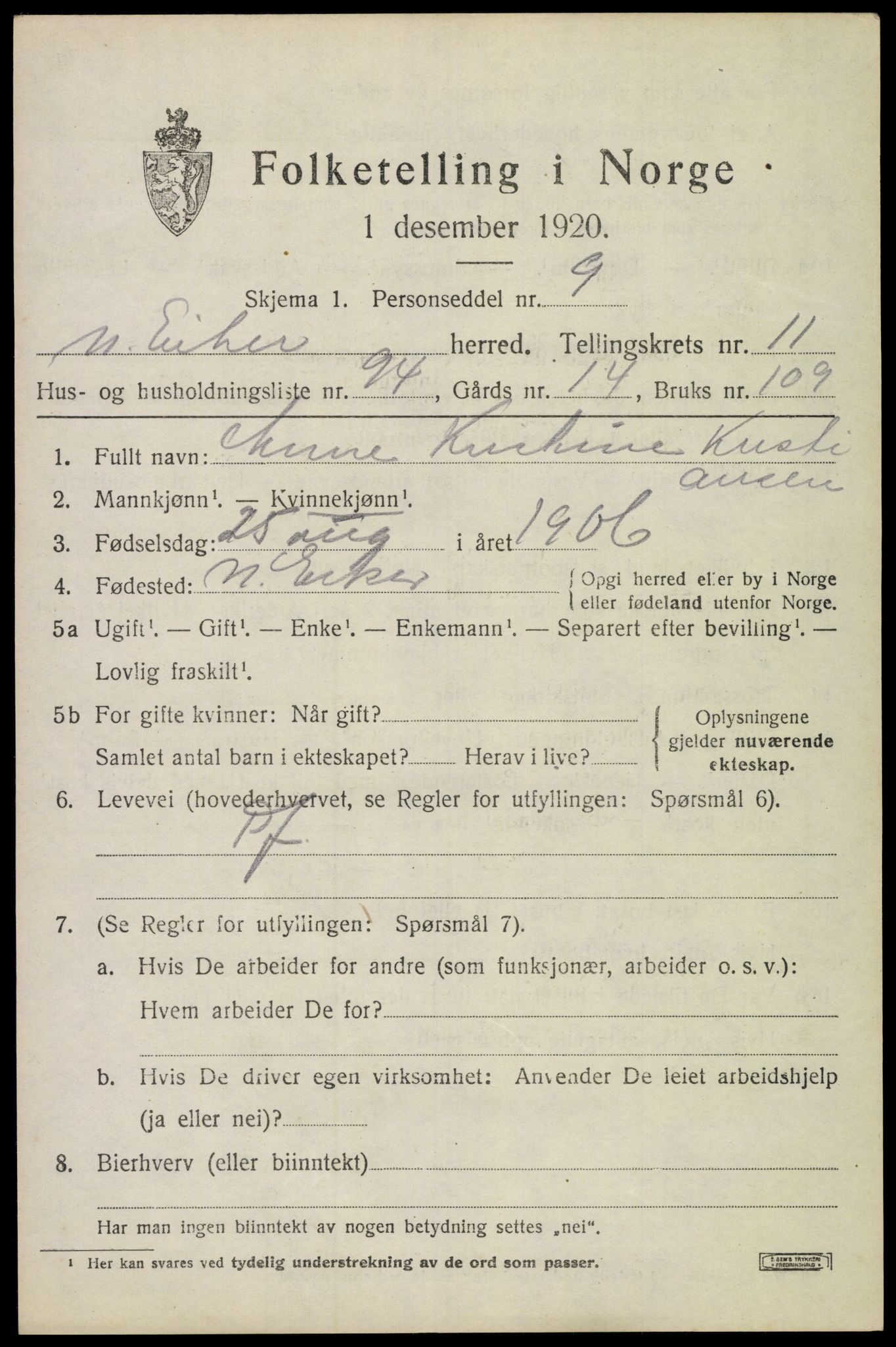 SAKO, 1920 census for Nedre Eiker, 1920, p. 12439