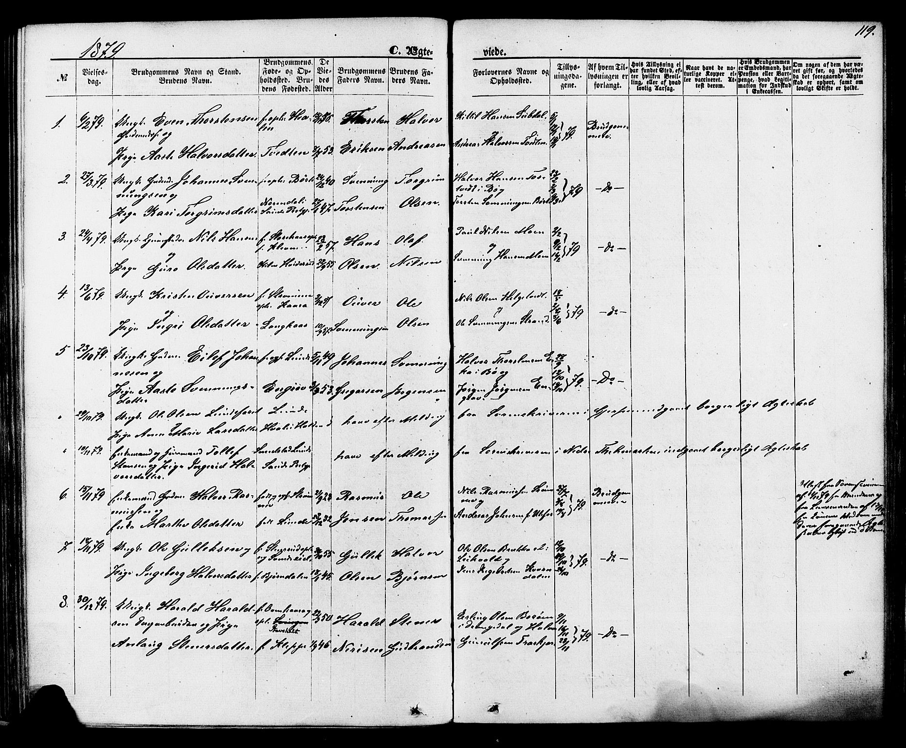 Lunde kirkebøker, SAKO/A-282/F/Fa/L0001: Parish register (official) no. I 1, 1866-1883, p. 119