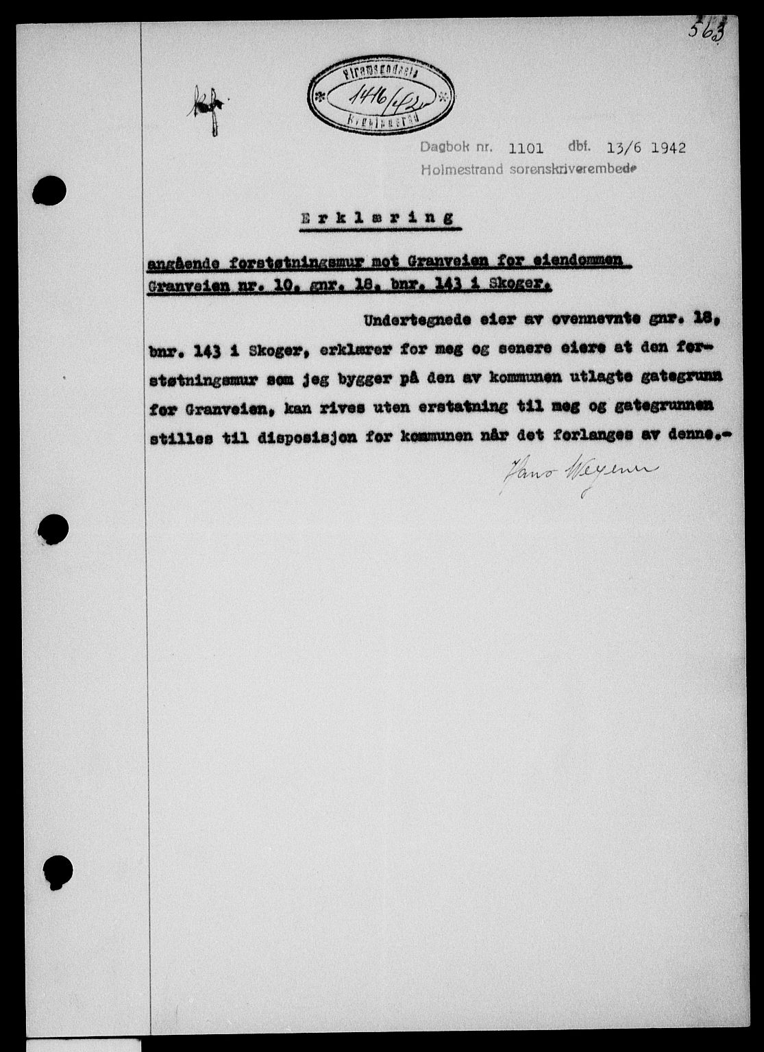 Holmestrand sorenskriveri, AV/SAKO-A-67/G/Ga/Gaa/L0055: Mortgage book no. A-55, 1942-1942, Diary no: : 1101/1942