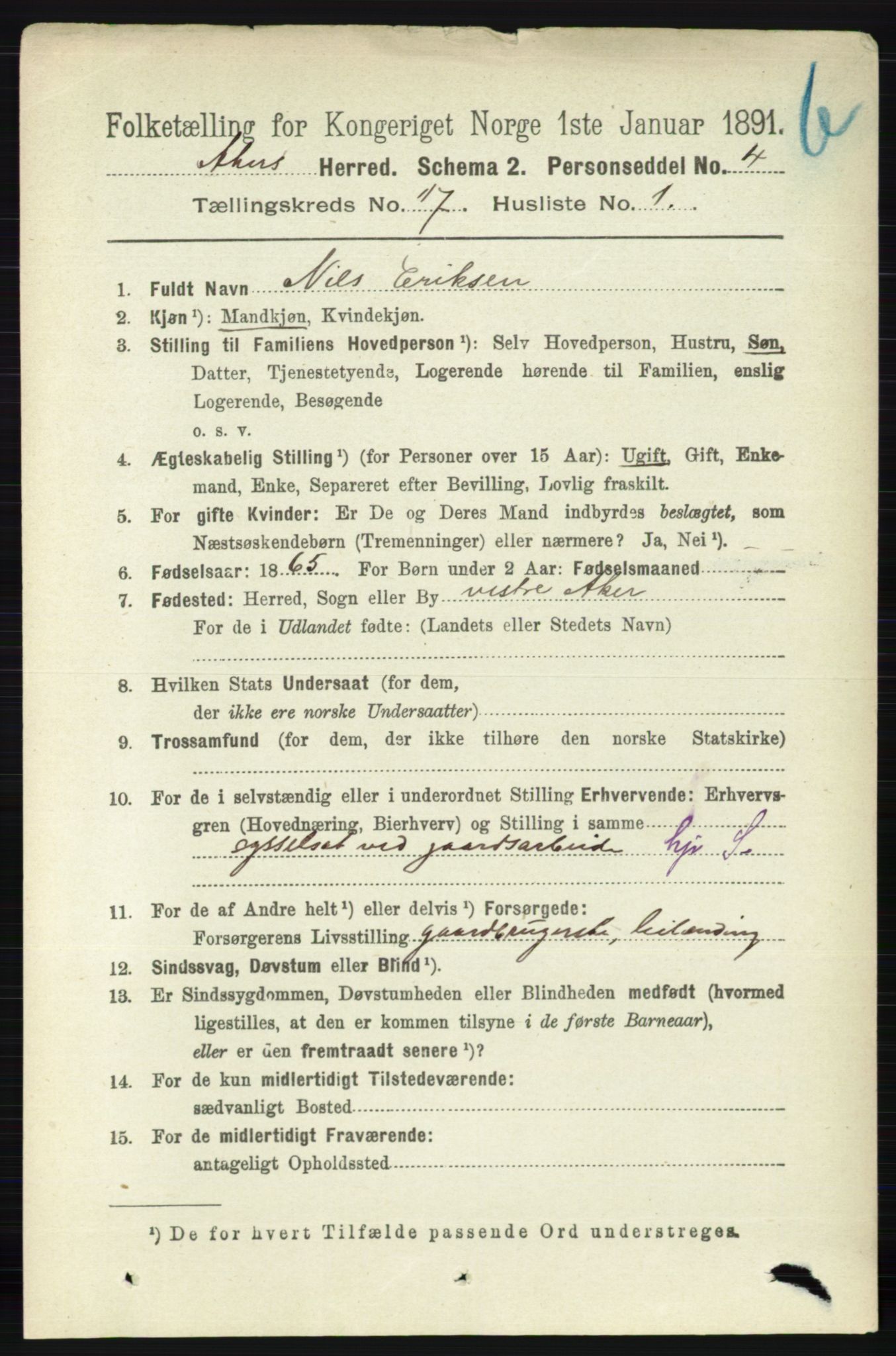 RA, 1891 census for 0218 Aker, 1891, p. 15852