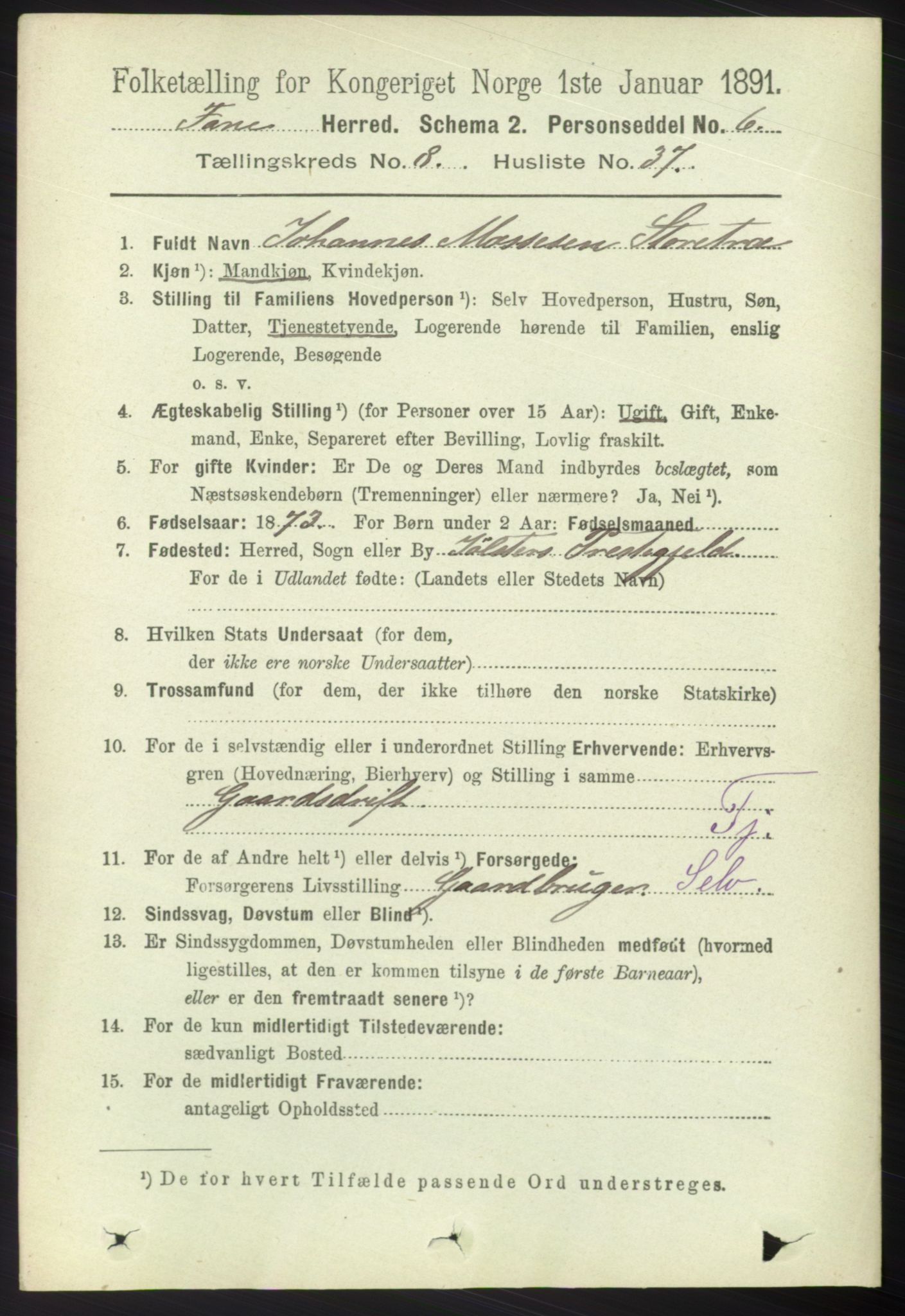 RA, 1891 census for 1249 Fana, 1891, p. 3755