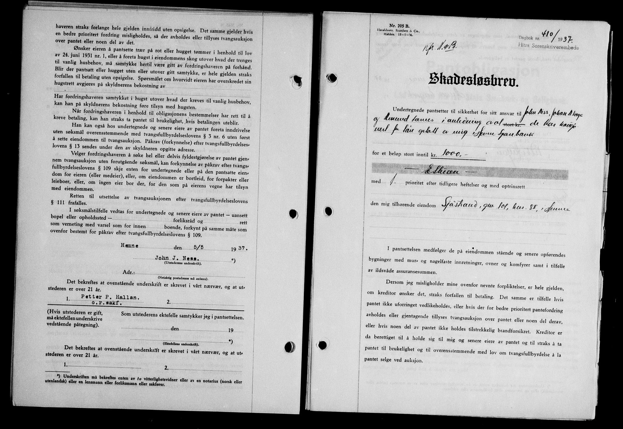 Hitra sorenskriveri, AV/SAT-A-0018/2/2C/2Ca/L0028: Mortgage book no. B-1, 1936-1939, Diary no: : 410/1937