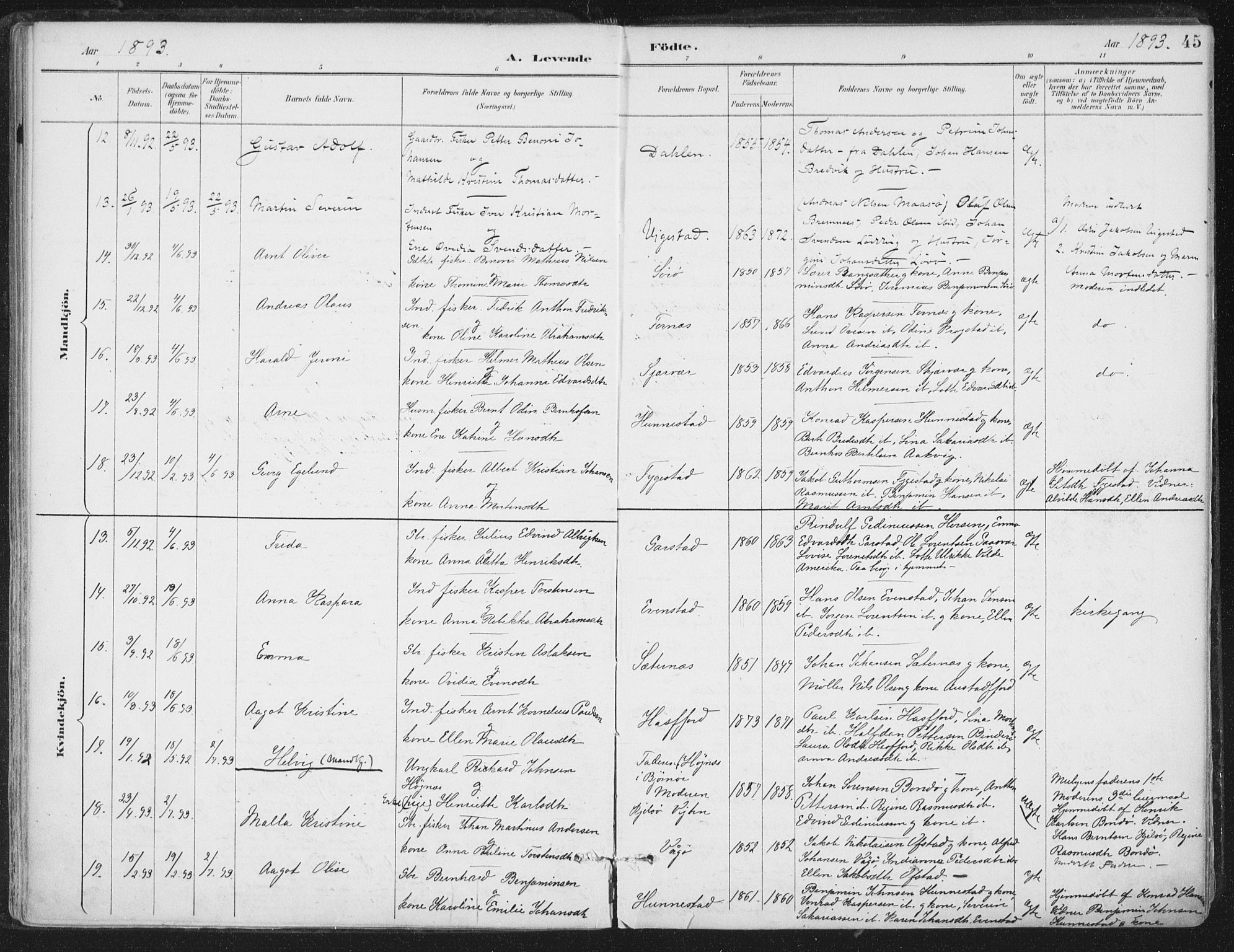 Ministerialprotokoller, klokkerbøker og fødselsregistre - Nord-Trøndelag, AV/SAT-A-1458/786/L0687: Parish register (official) no. 786A03, 1888-1898, p. 45