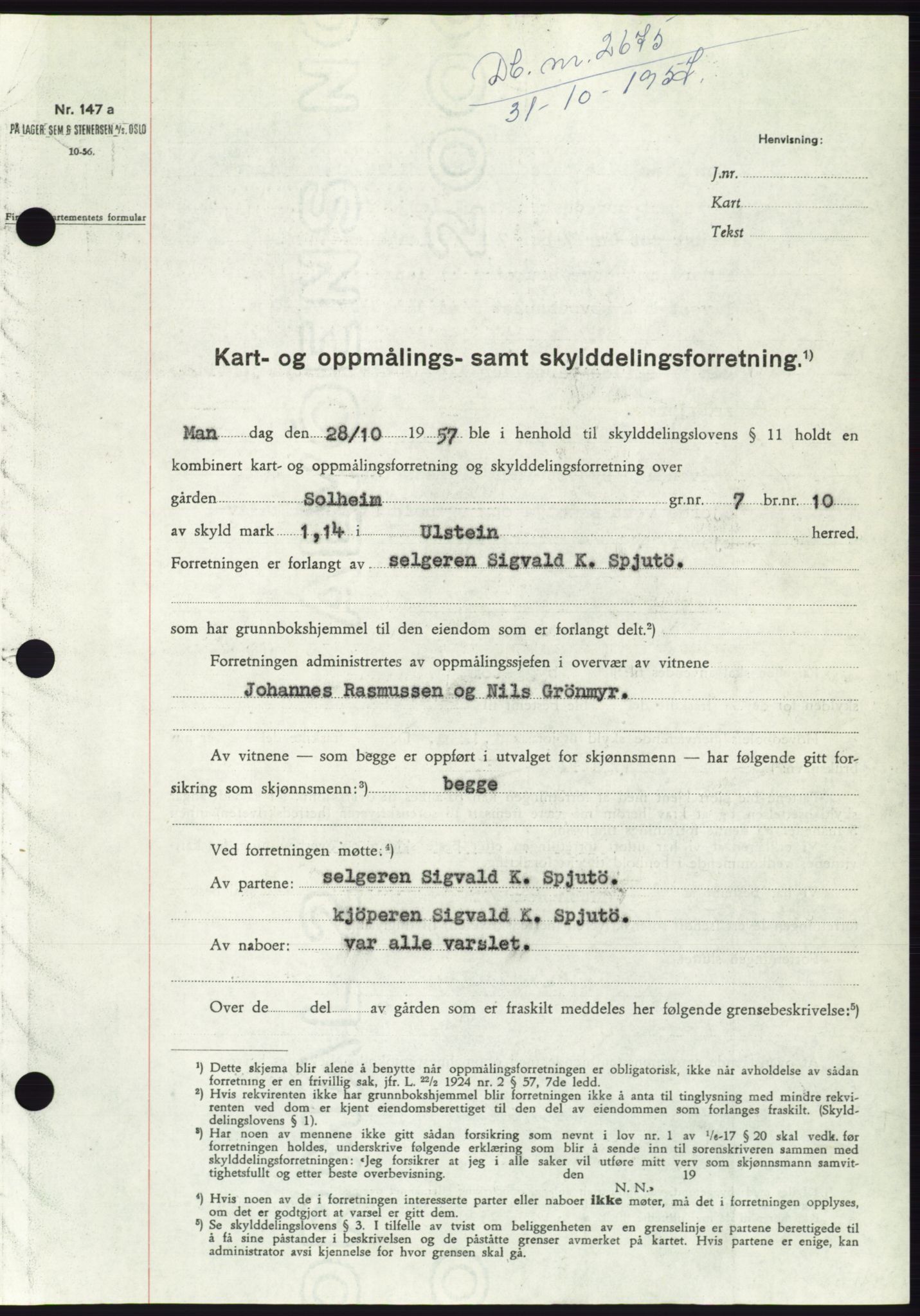 Søre Sunnmøre sorenskriveri, AV/SAT-A-4122/1/2/2C/L0108: Mortgage book no. 34A, 1957-1958, Diary no: : 2675/1957