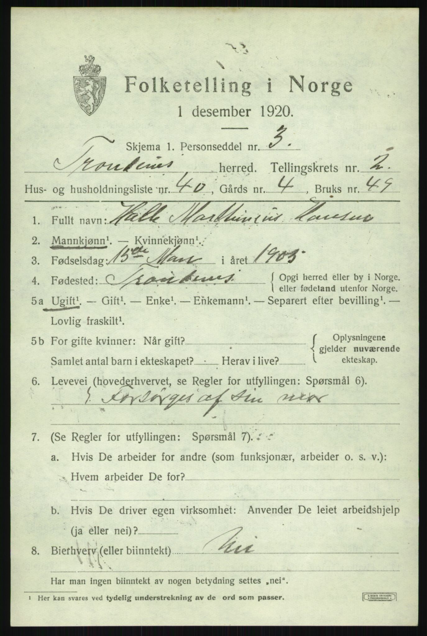 SATØ, 1920 census for Trondenes, 1920, p. 4143