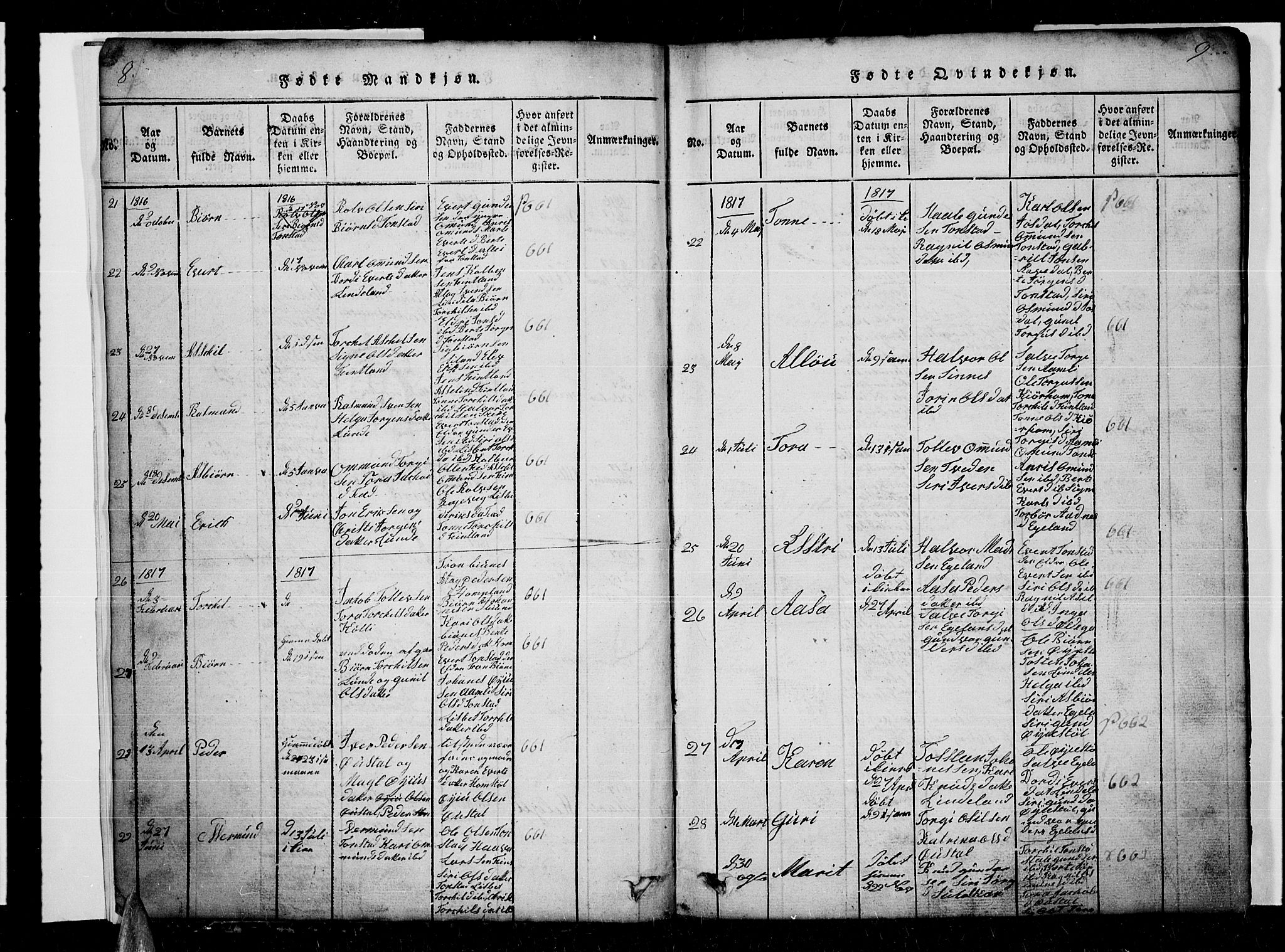 Sirdal sokneprestkontor, SAK/1111-0036/F/Fb/Fbb/L0001: Parish register (copy) no. B 1, 1815-1834, p. 8-9