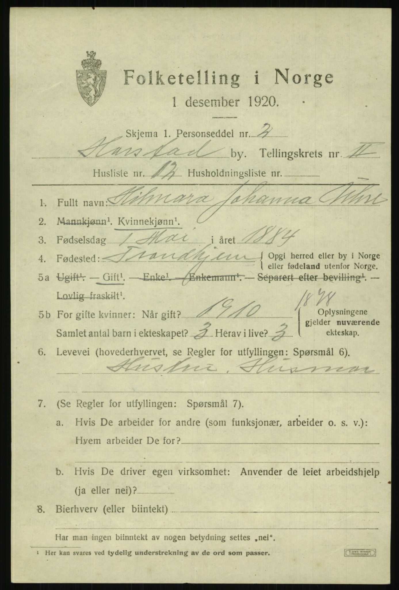 SATØ, 1920 census for Harstad, 1920, p. 3268