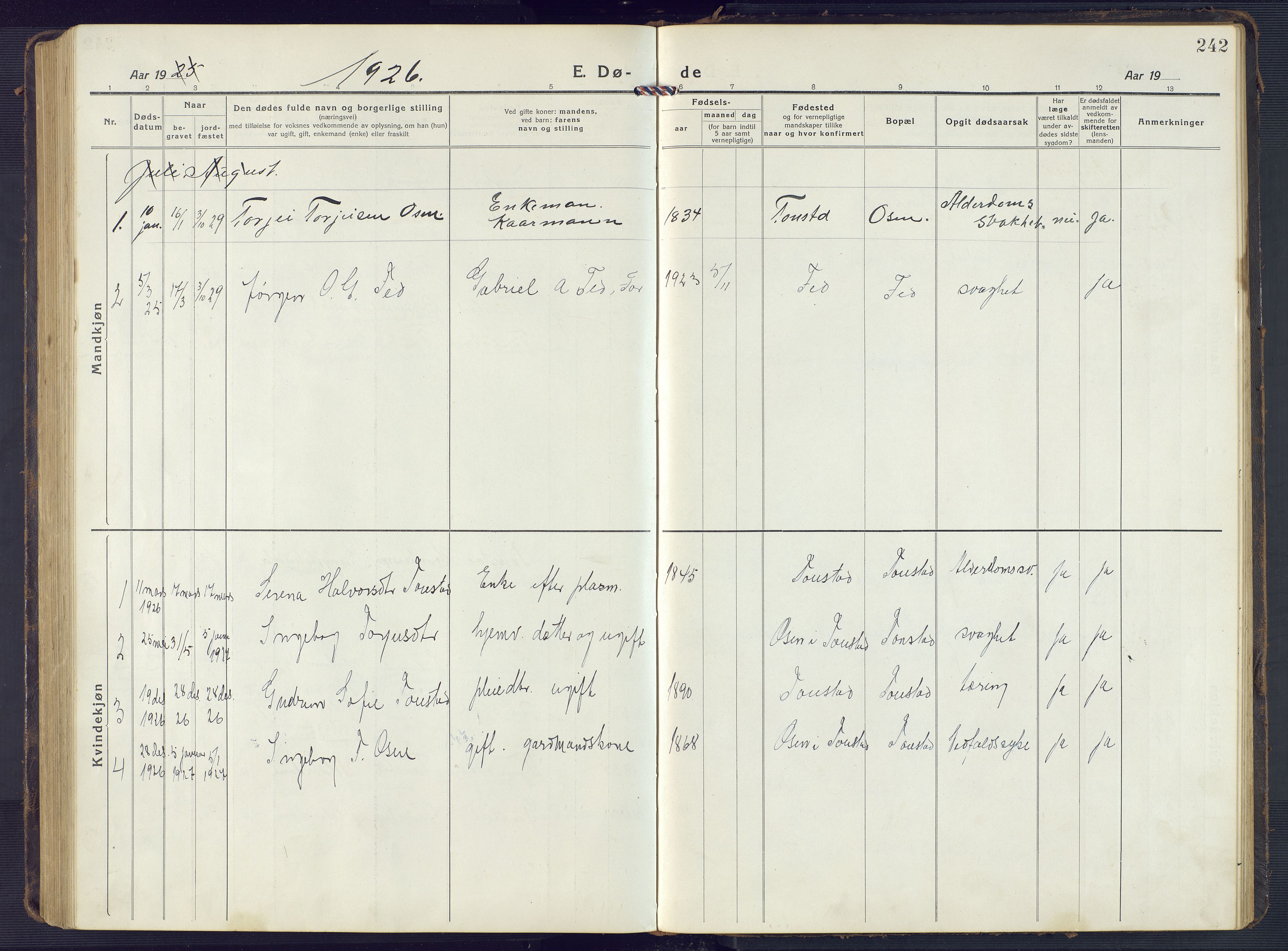 Sirdal sokneprestkontor, SAK/1111-0036/F/Fb/Fbb/L0005: Parish register (copy) no. B 5, 1916-1960, p. 242