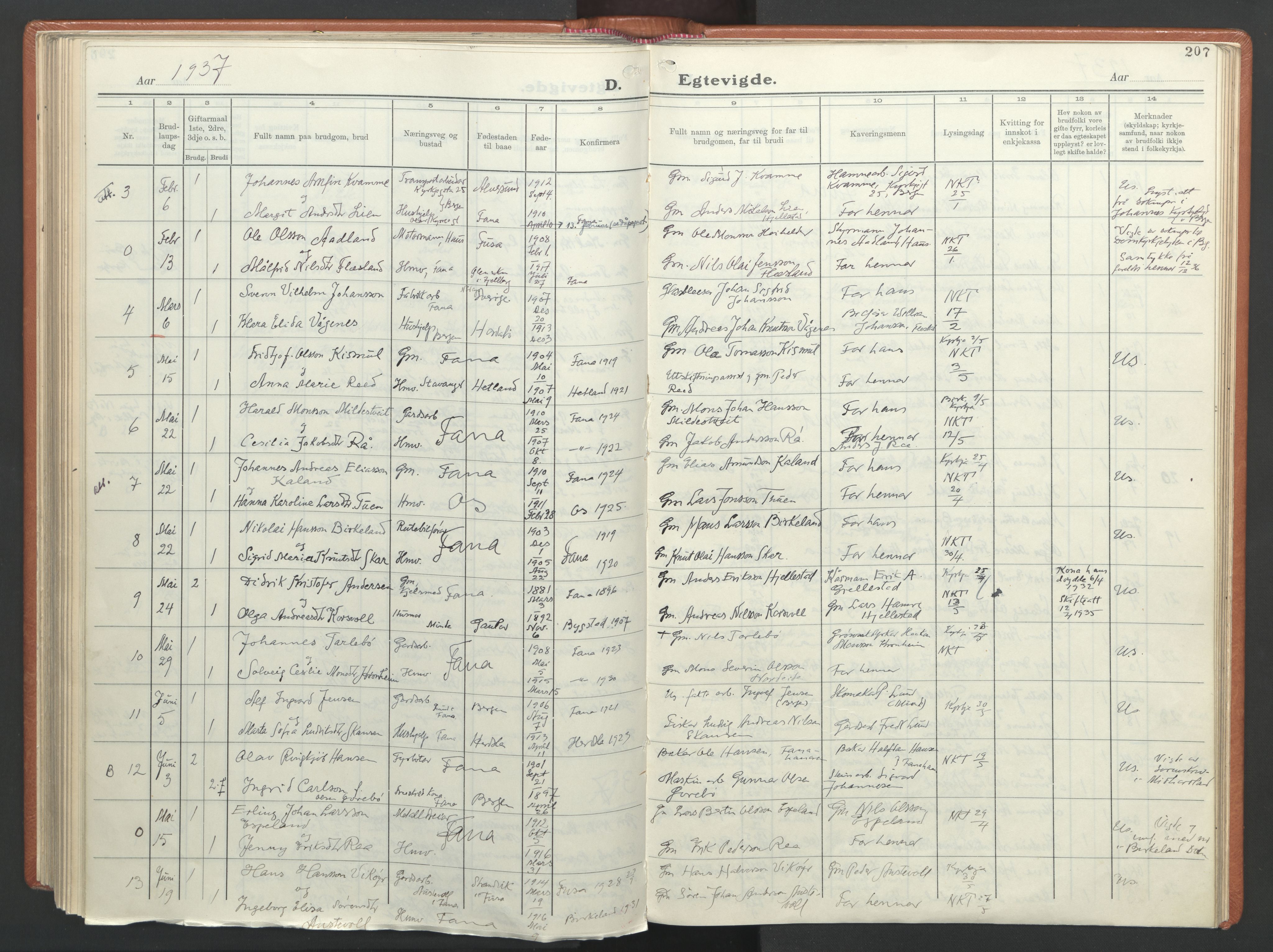 Fana Sokneprestembete, AV/SAB-A-75101/H/Haa/Haab/L0007: Parish register (official) no. B 7, 1934-1947, p. 207